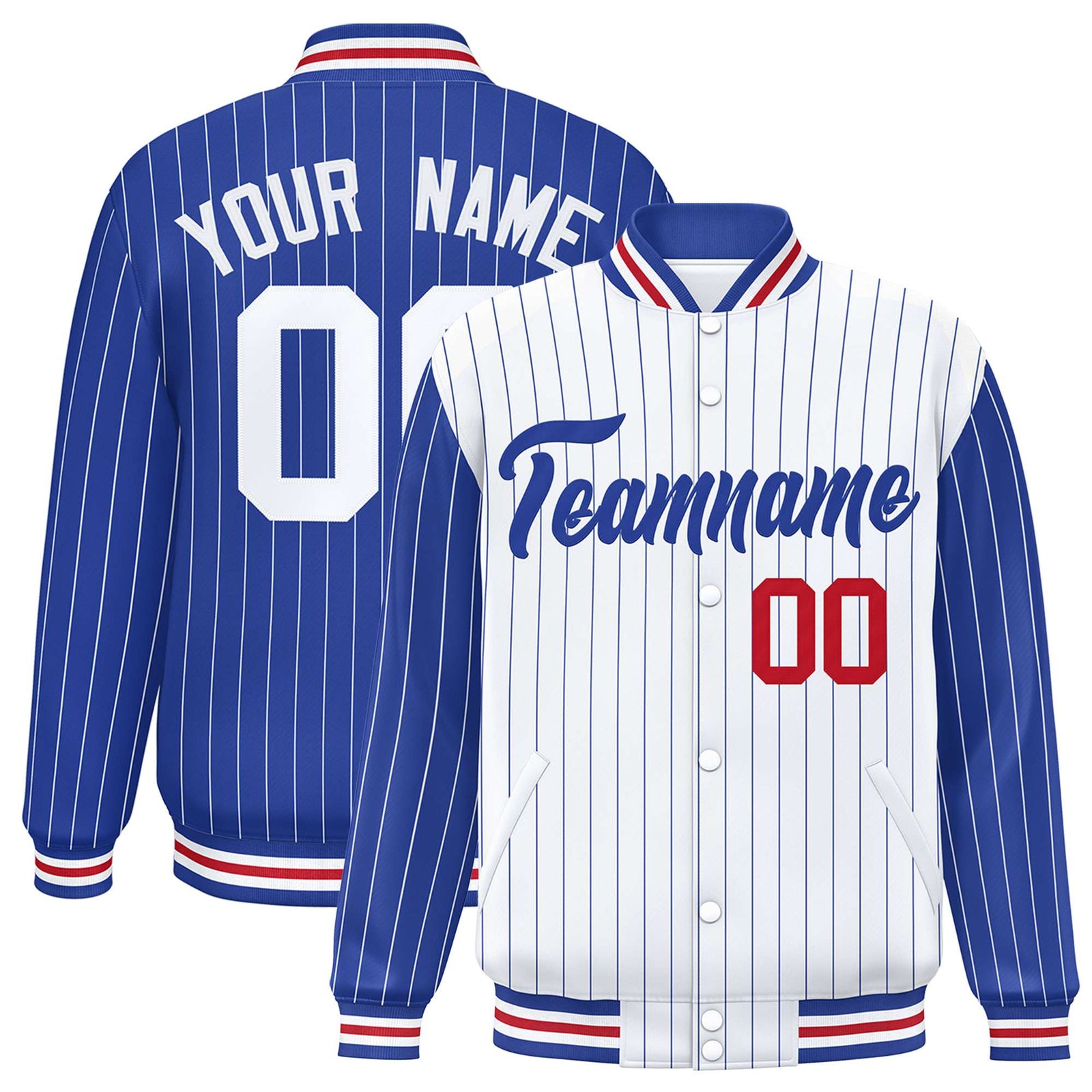 Custom White Royal Blue-White Personalized Stripe Fashion Letterman Bomber Varsity Jacket