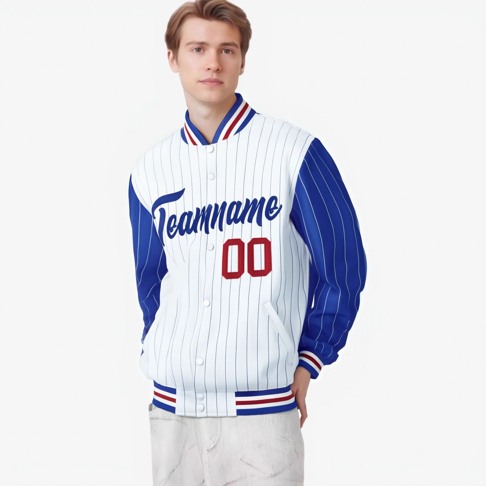 Custom White Royal Blue-White Personalized Stripe Fashion Letterman Bomber Varsity Jacket