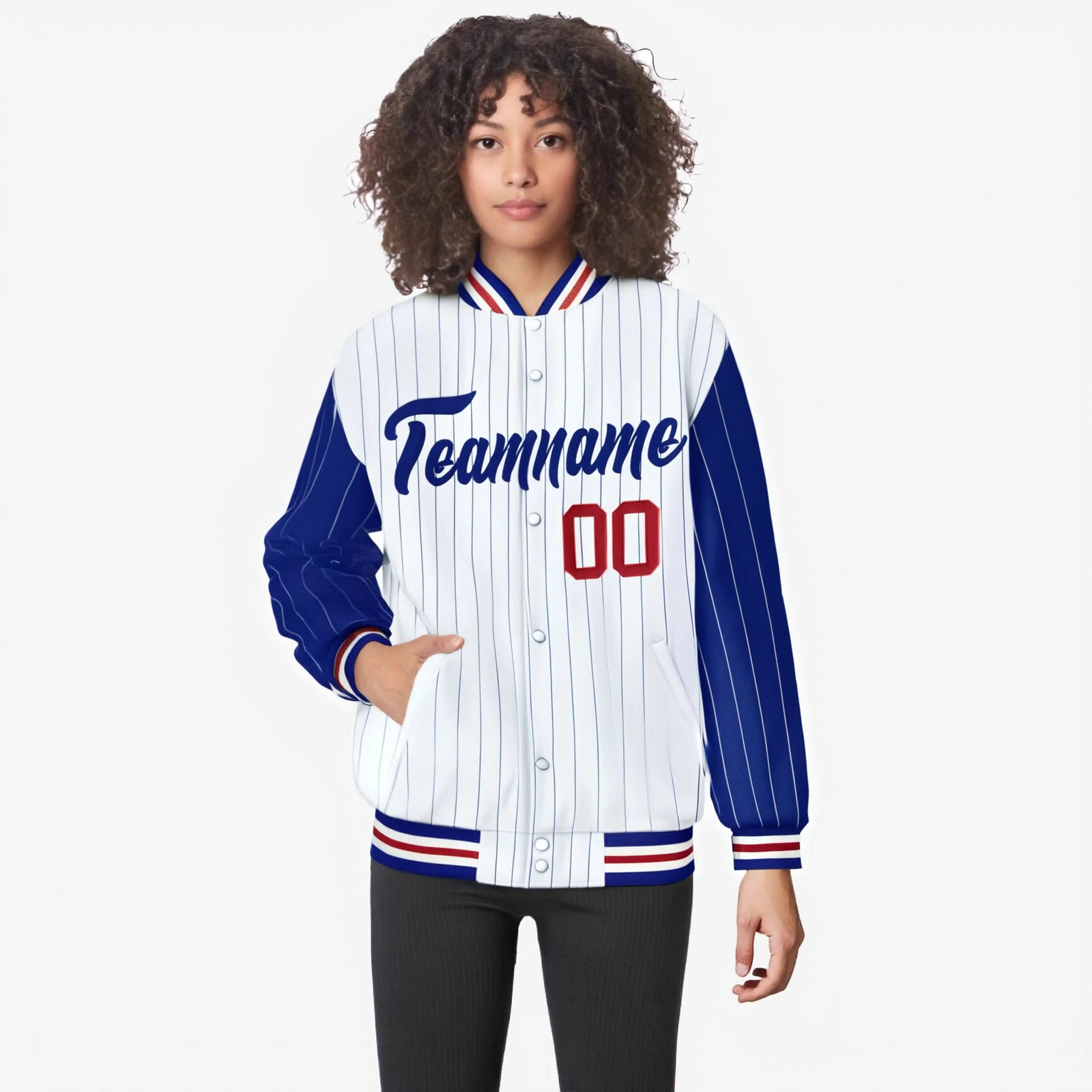 Custom White Royal Blue-White Personalized Stripe Fashion Letterman Bomber Varsity Jacket