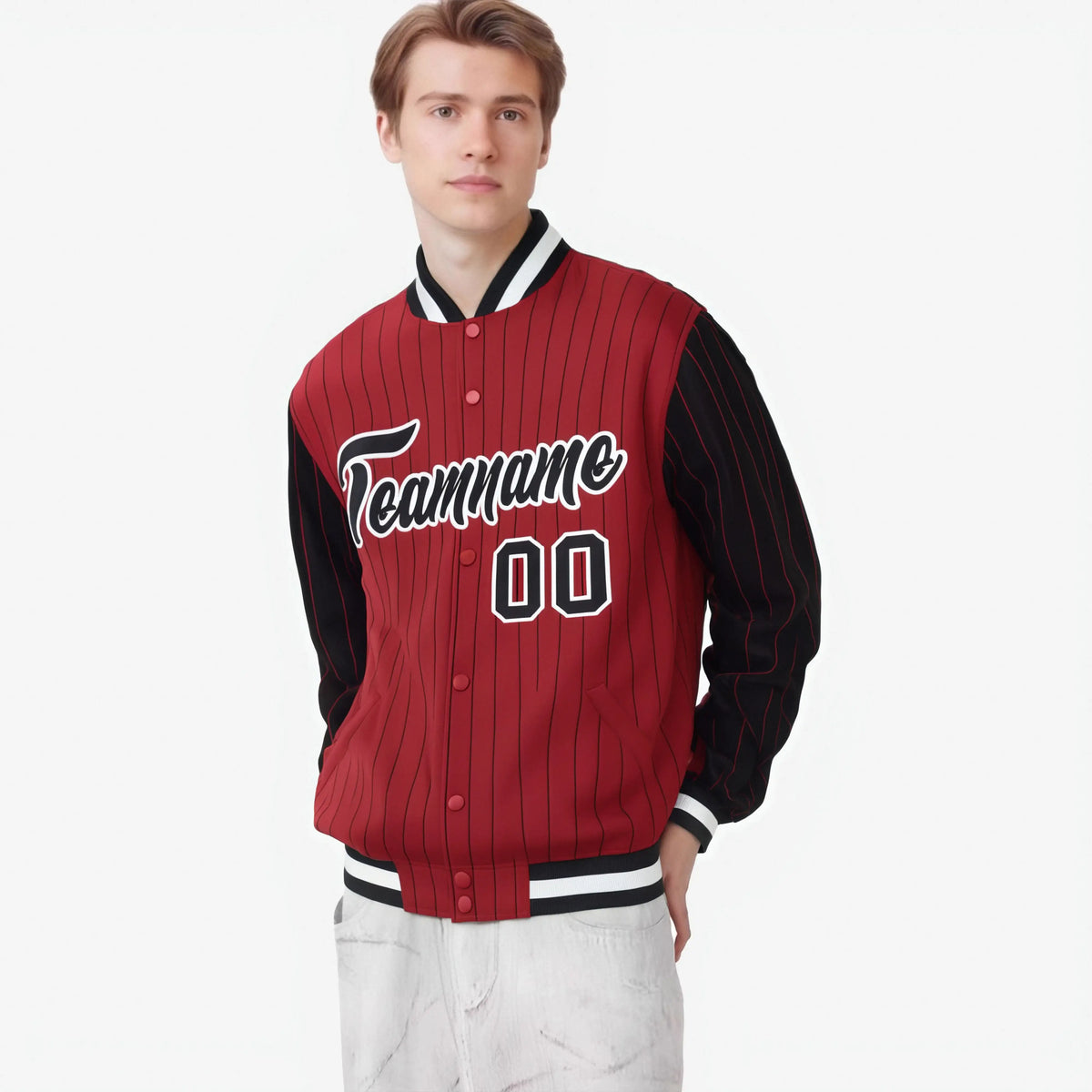 Custom Red Black-Red Personalized Stripe Fashion Letterman Bomber Varsity Jacket