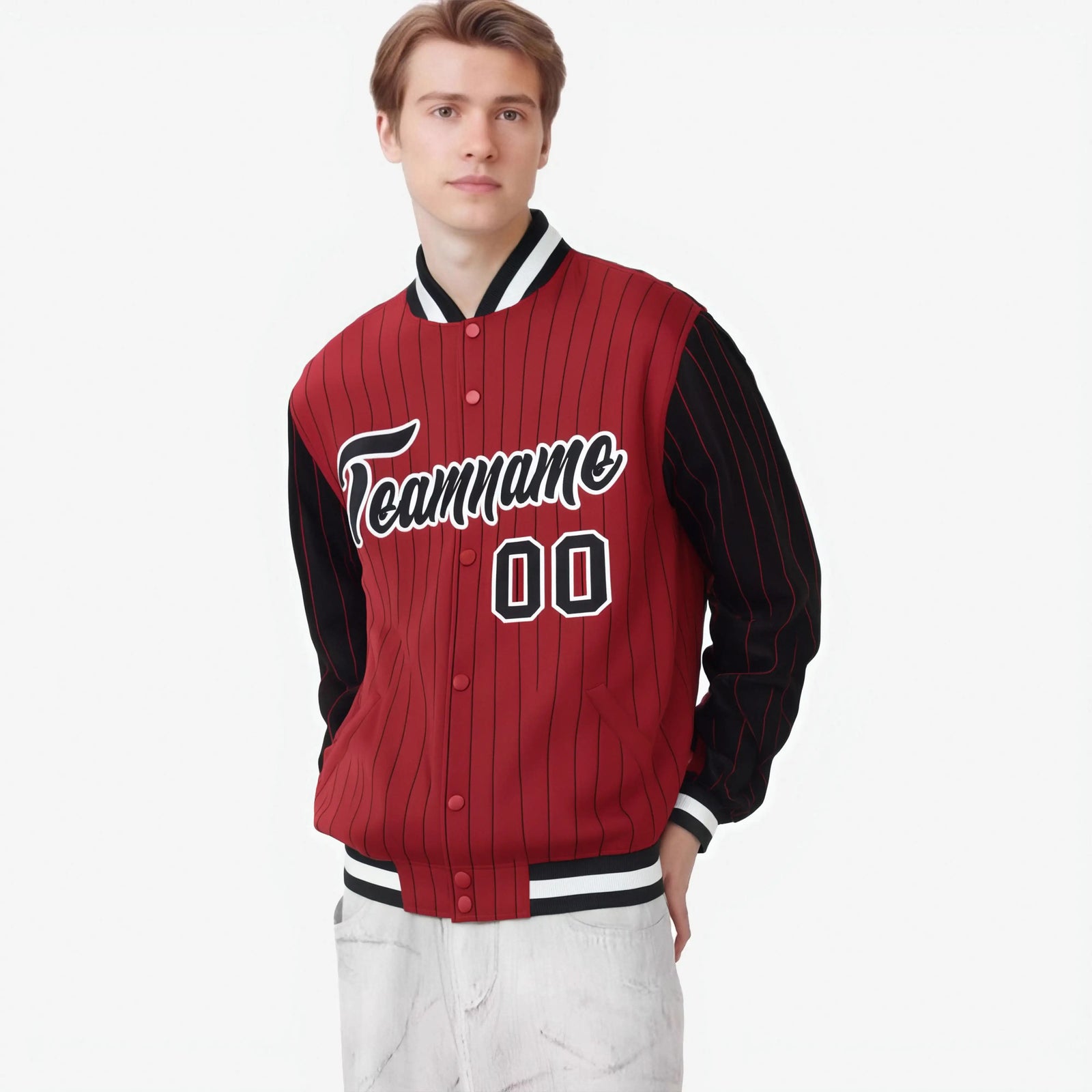 Custom Red Black-Red Personalized Stripe Fashion Letterman Bomber Varsity Jacket