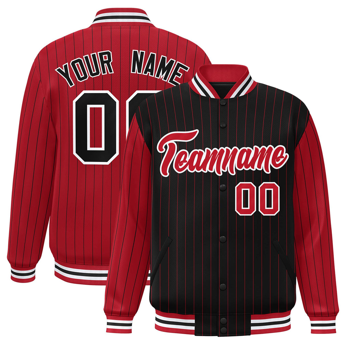 Custom Black Red-Black Personalized Stripe Fashion Letterman Bomber Varsity Jacket