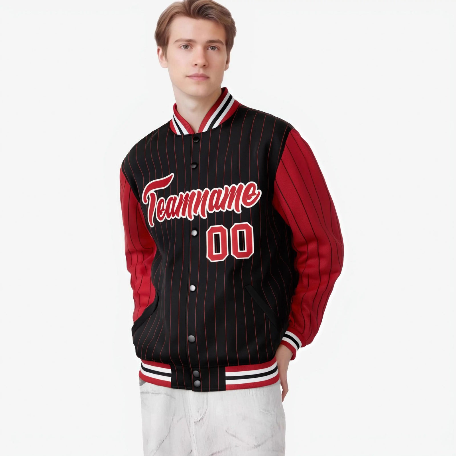 Custom Black Red-Black Personalized Stripe Fashion Letterman Bomber Varsity Jacket