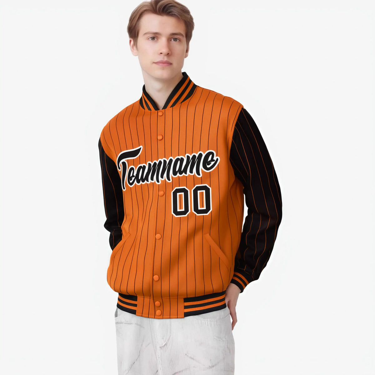 Custom Orange Black-Orange Personalized Stripe Fashion Letterman Bomber Varsity Jacket