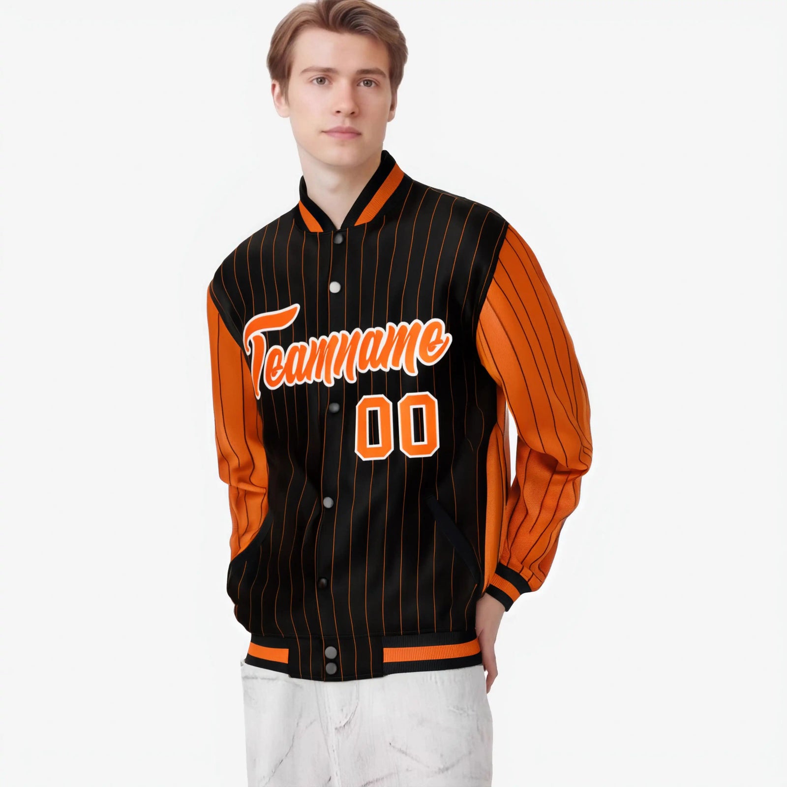 Custom Black Orange-Black Personalized Stripe Fashion Letterman Bomber Varsity Jacket