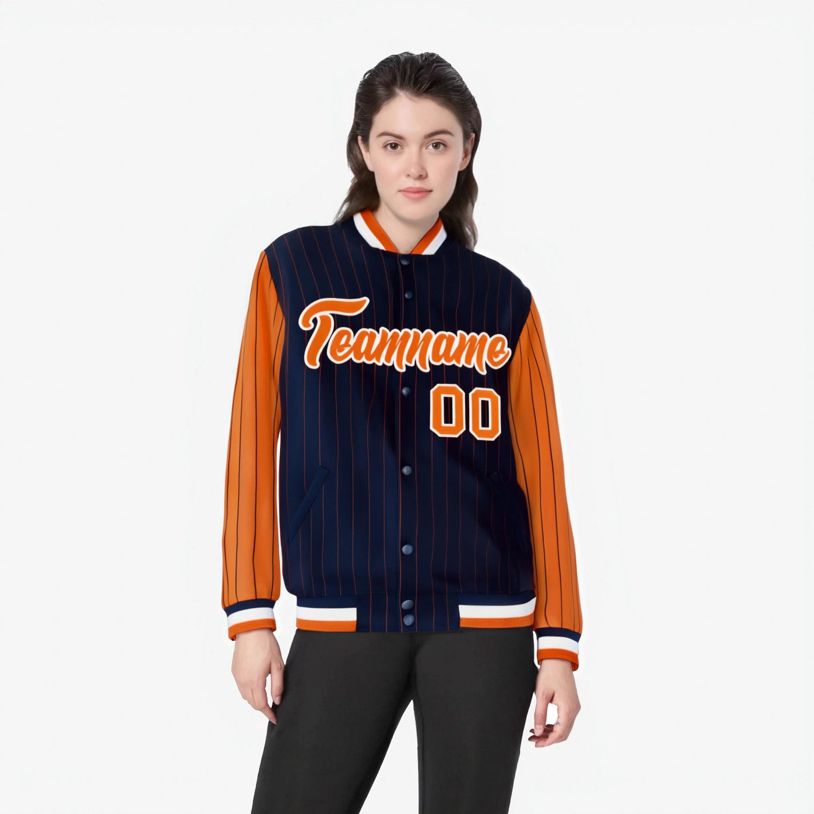 Custom Black Orange-Black Personalized Stripe Fashion Letterman Bomber Varsity Jacket