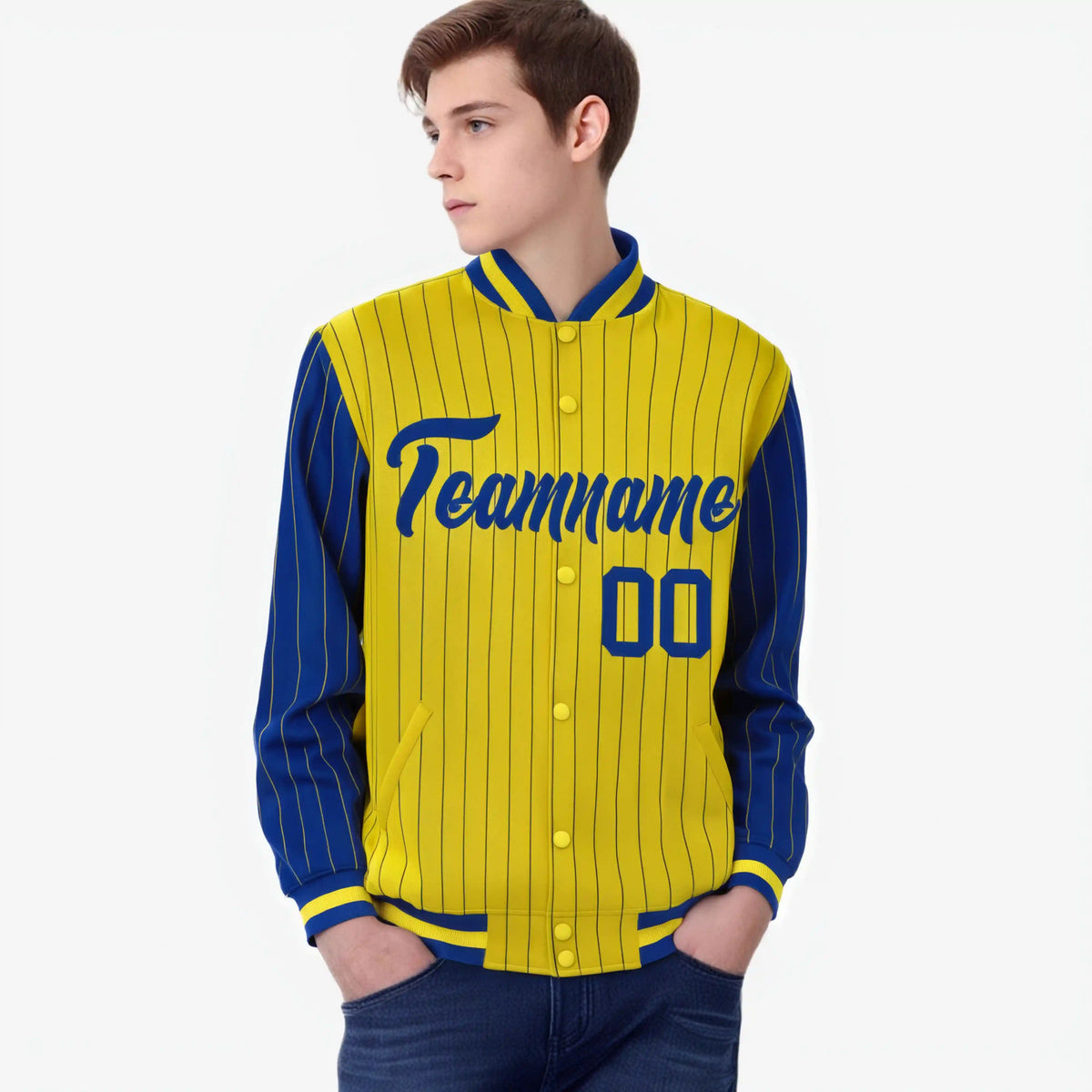 Custom Gold Royal Blue-Gold Personalized Stripe Fashion Letterman Bomber Varsity Jacket