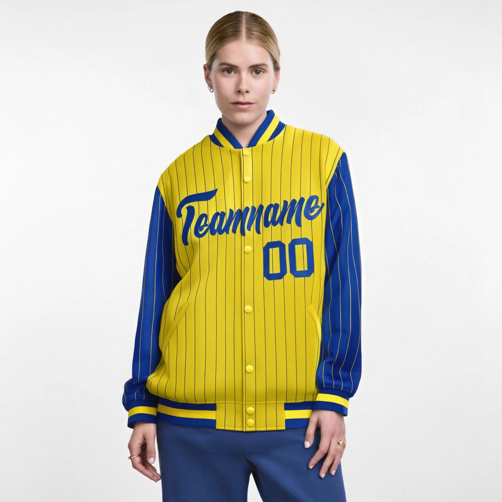 Custom Gold Royal Blue-Gold Personalized Stripe Fashion Letterman Bomber Varsity Jacket