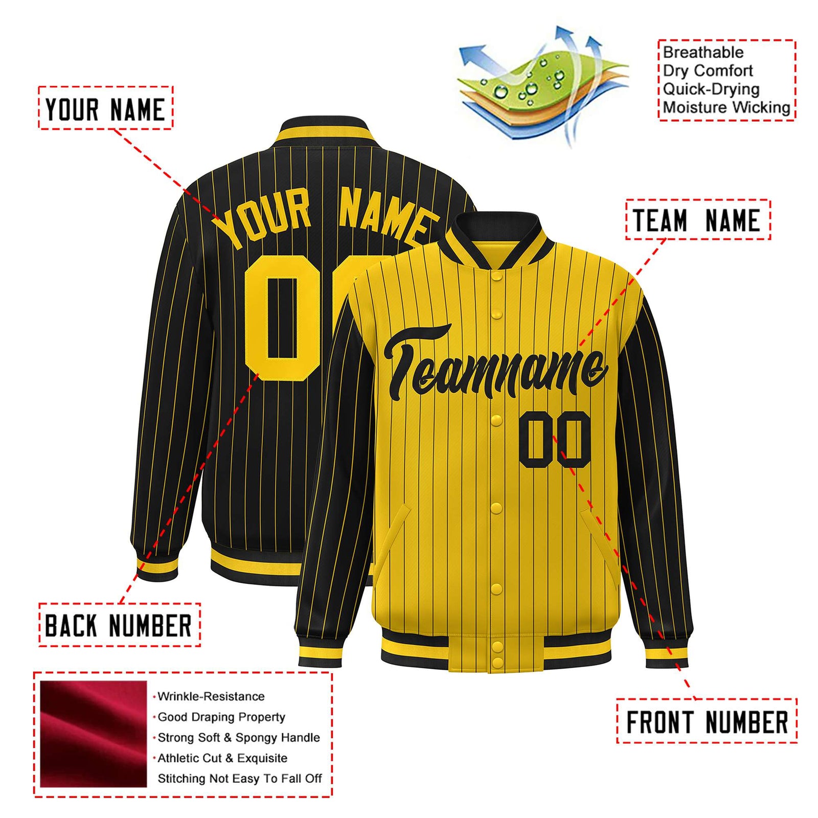 Custom Gold Black-Gold Personalized Stripe Fashion Letterman Bomber Varsity Jacket