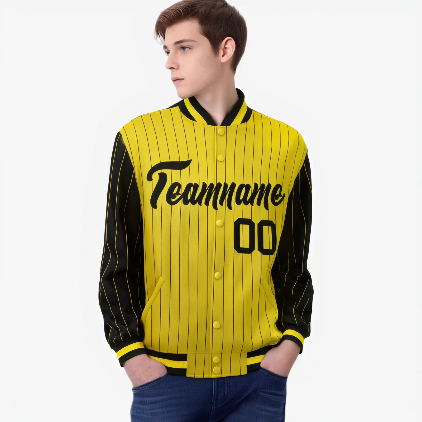 Custom Gold Black-Gold Personalized Stripe Fashion Letterman Bomber Varsity Jacket