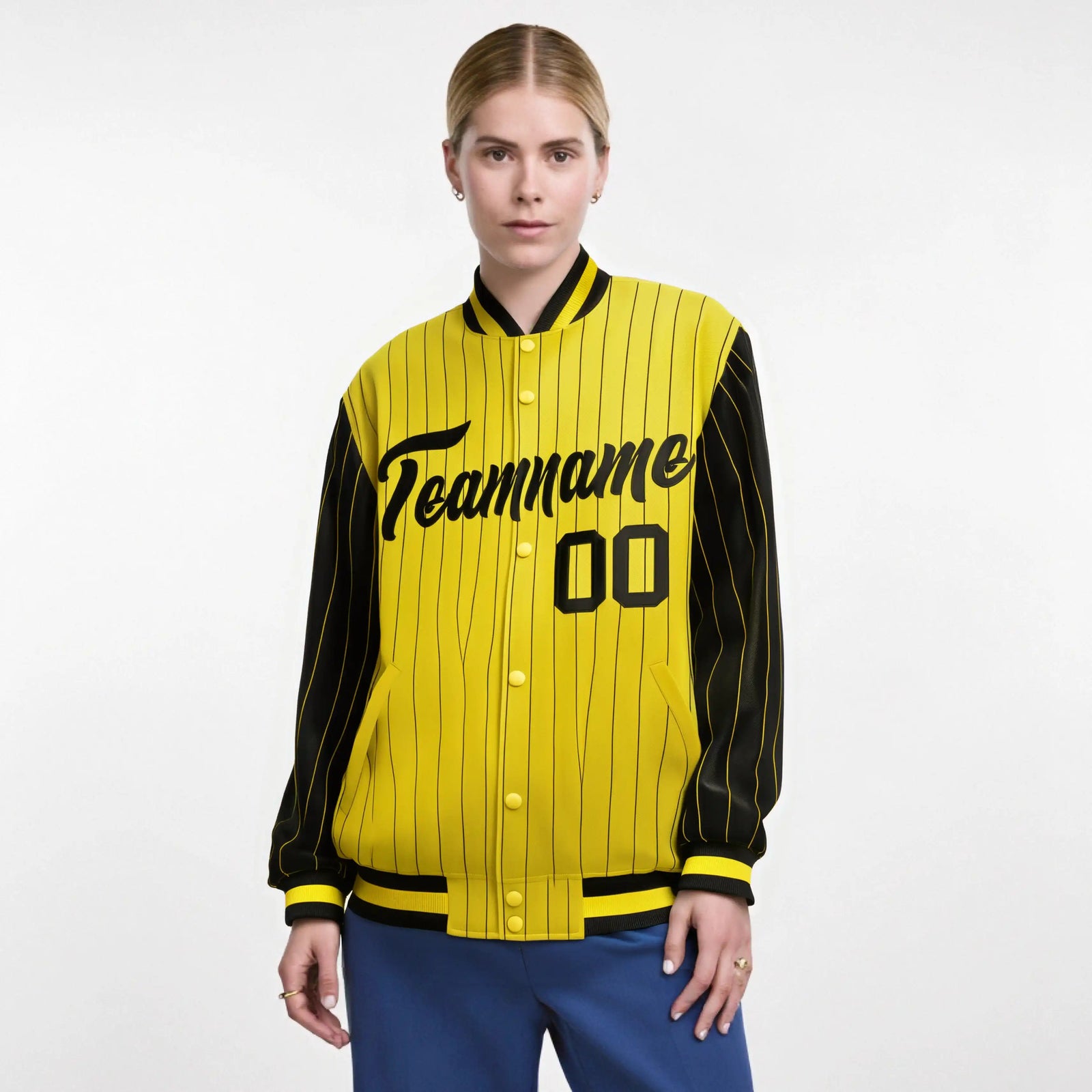Custom Gold Black-Gold Personalized Stripe Fashion Letterman Bomber Varsity Jacket