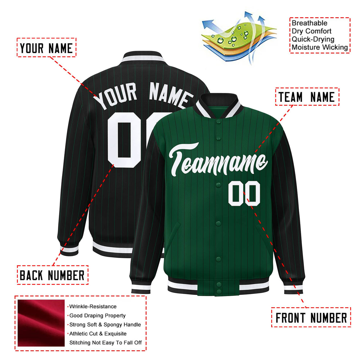 Custom Green Black-Green Personalized Stripe Fashion Letterman Bomber Varsity Jacket
