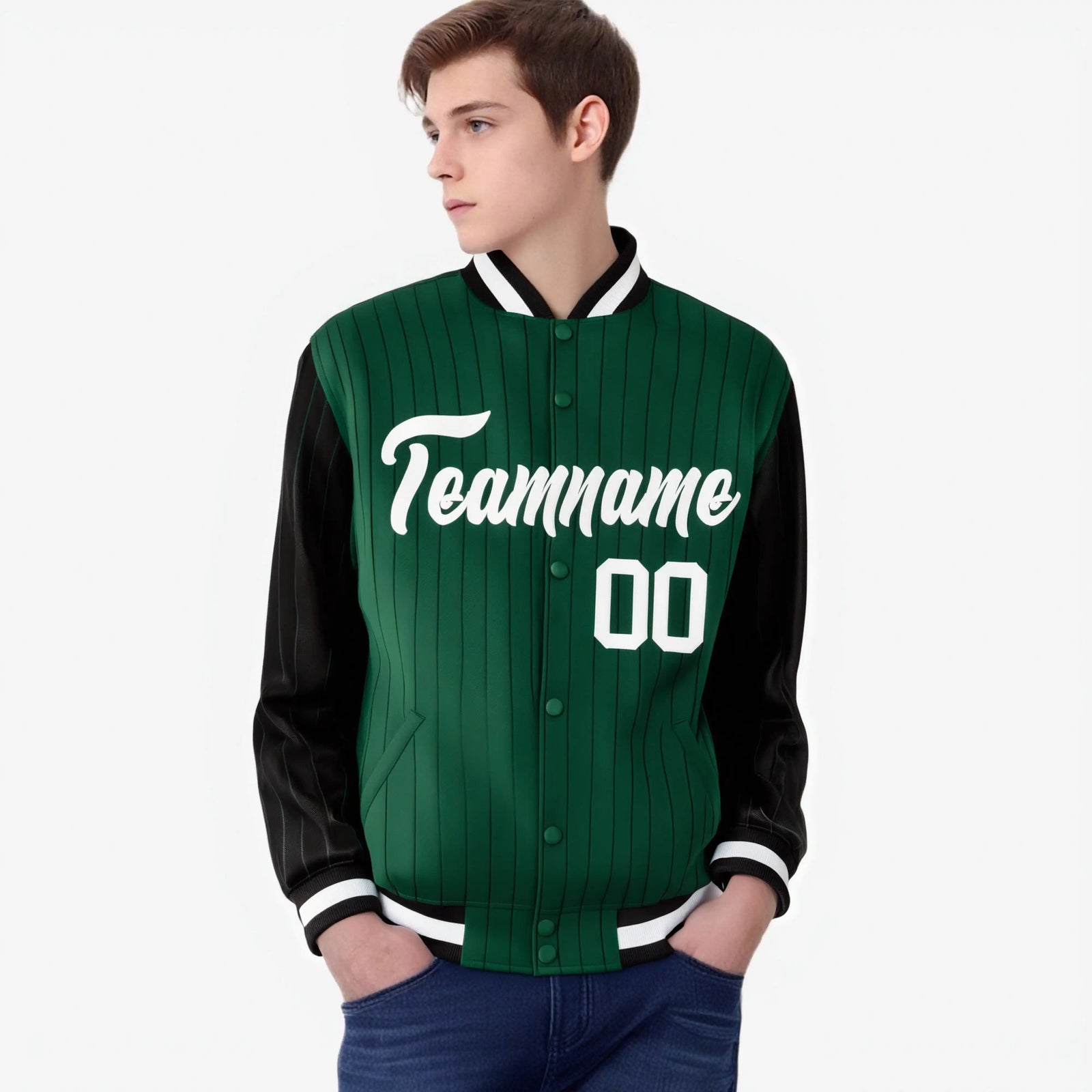 Custom Green Black-Green Personalized Stripe Fashion Letterman Bomber Varsity Jacket