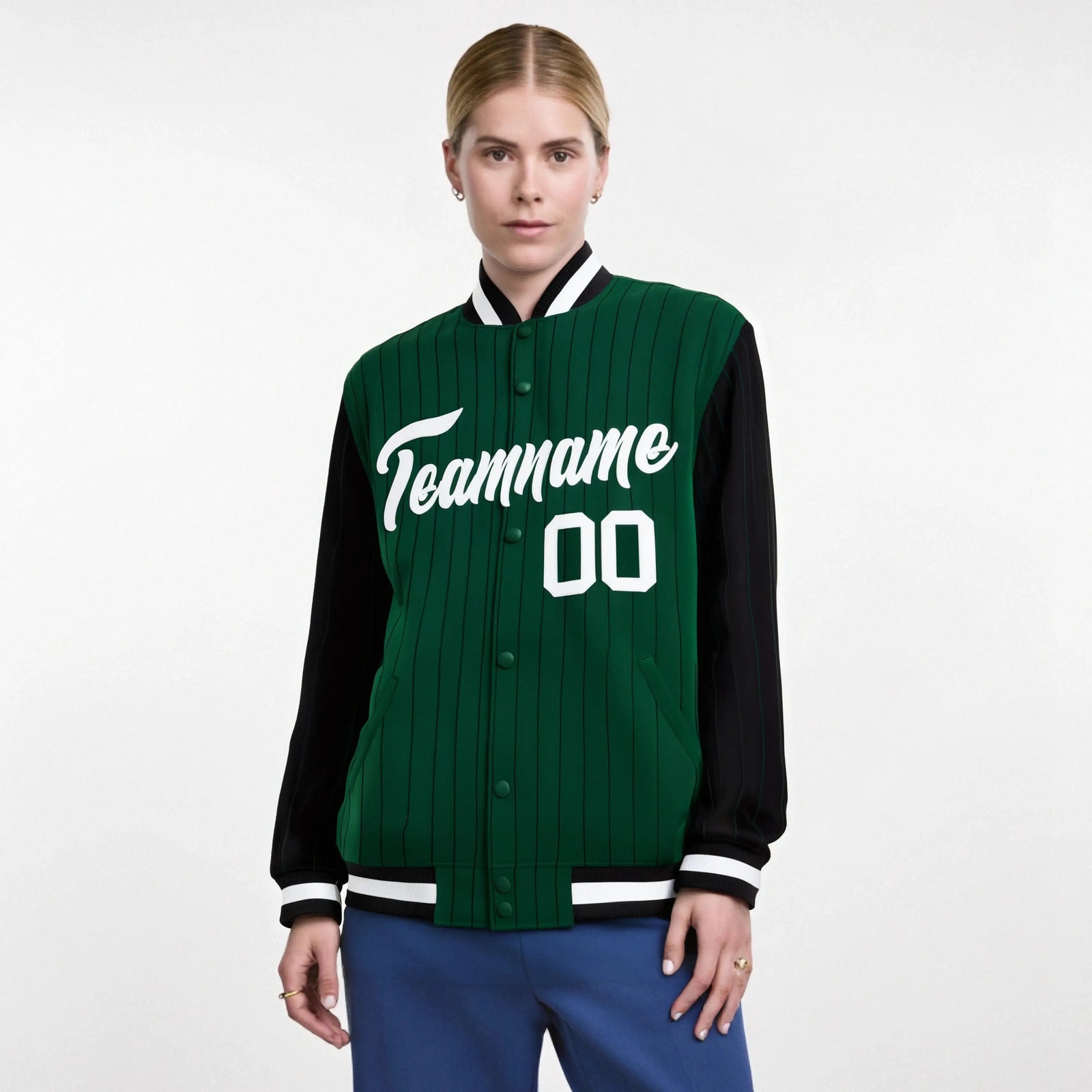 Custom Green Black-Green Personalized Stripe Fashion Letterman Bomber Varsity Jacket