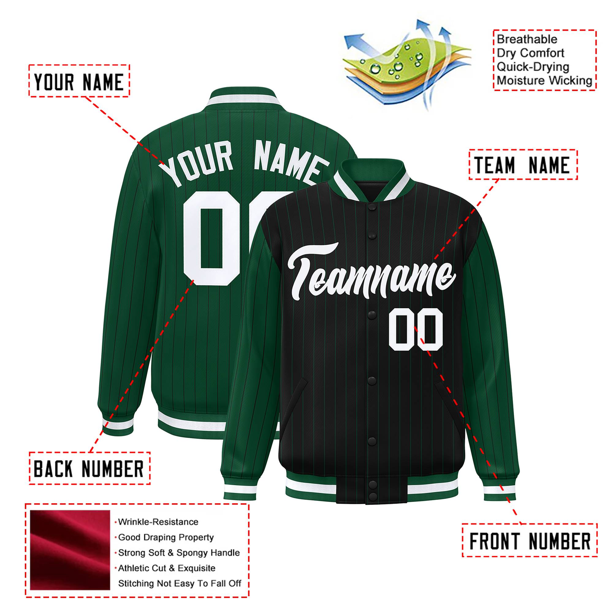 Custom Black Green-Black Personalized Stripe Fashion Letterman Bomber Varsity Jacket