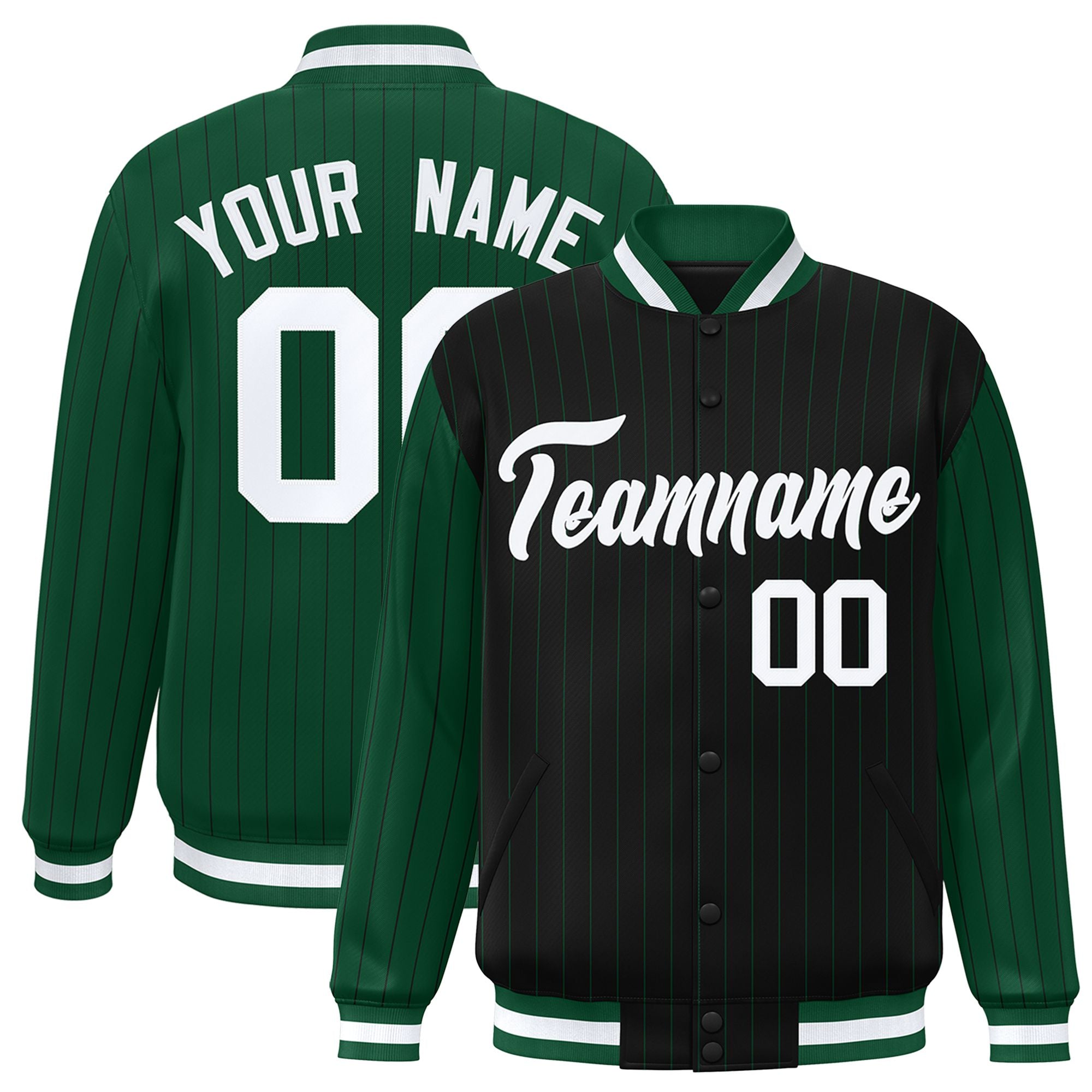 Custom Black Green-Black Personalized Stripe Fashion Letterman Bomber Varsity Jacket