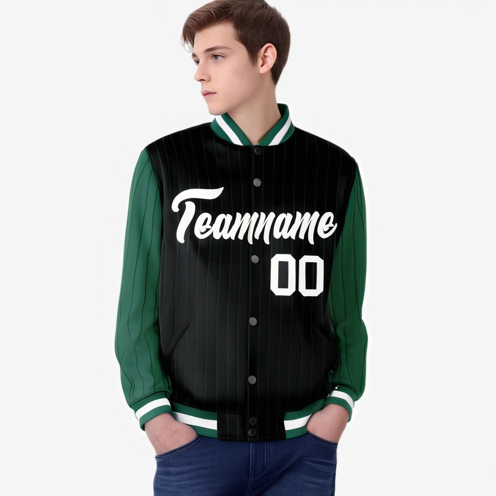 Custom Black Green-Black Personalized Stripe Fashion Letterman Bomber Varsity Jacket
