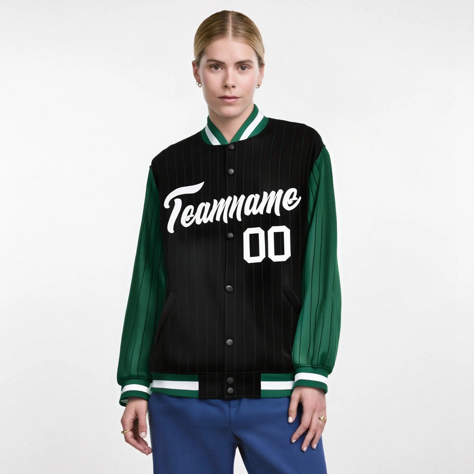 Custom Black Green-Black Personalized Stripe Fashion Letterman Bomber Varsity Jacket