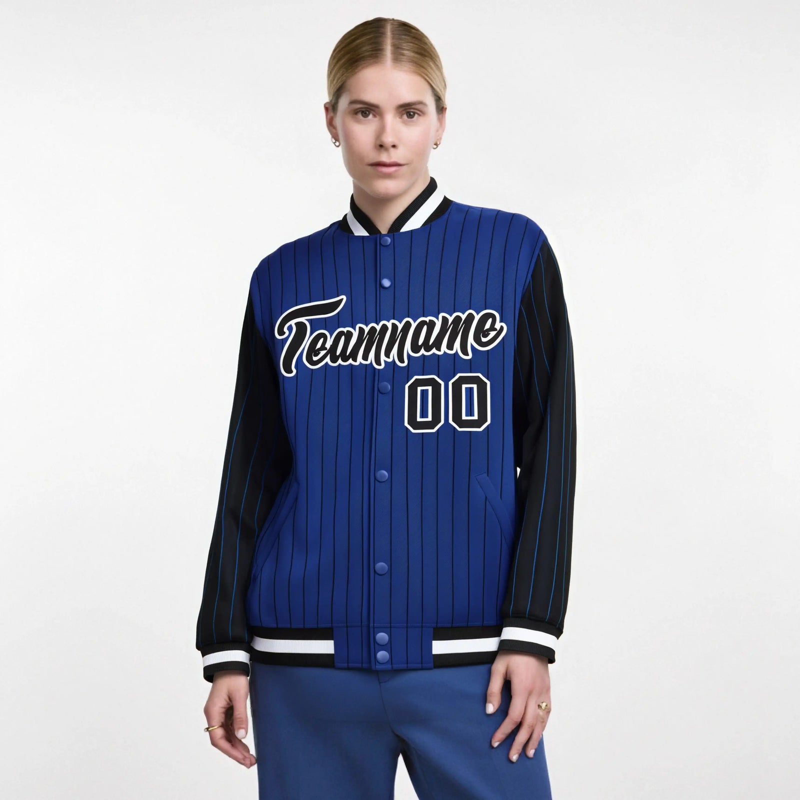 Custom Royal Blue Black-Royal Blue Personalized Stripe Fashion Letterman Bomber Varsity Jacket