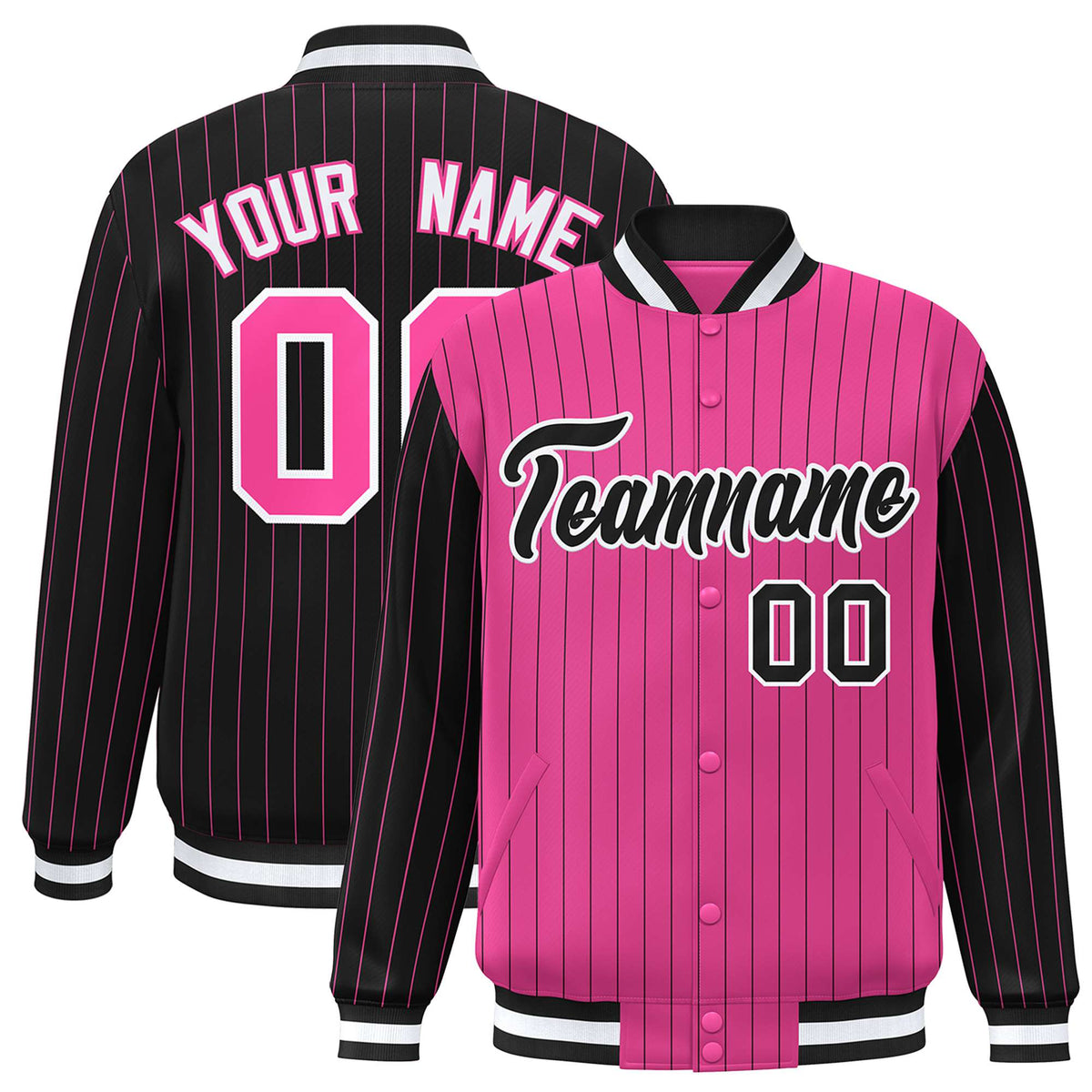 Custom Pink Black-Pink Personalized Stripe Fashion Letterman Bomber Varsity Jacket