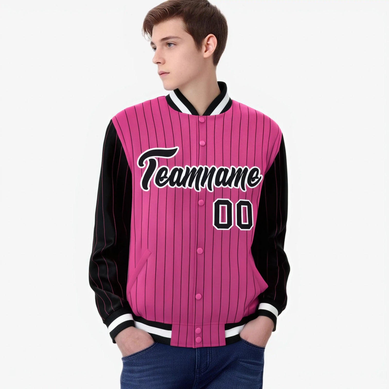 Custom Pink Black-Pink Personalized Stripe Fashion Letterman Bomber Varsity Jacket