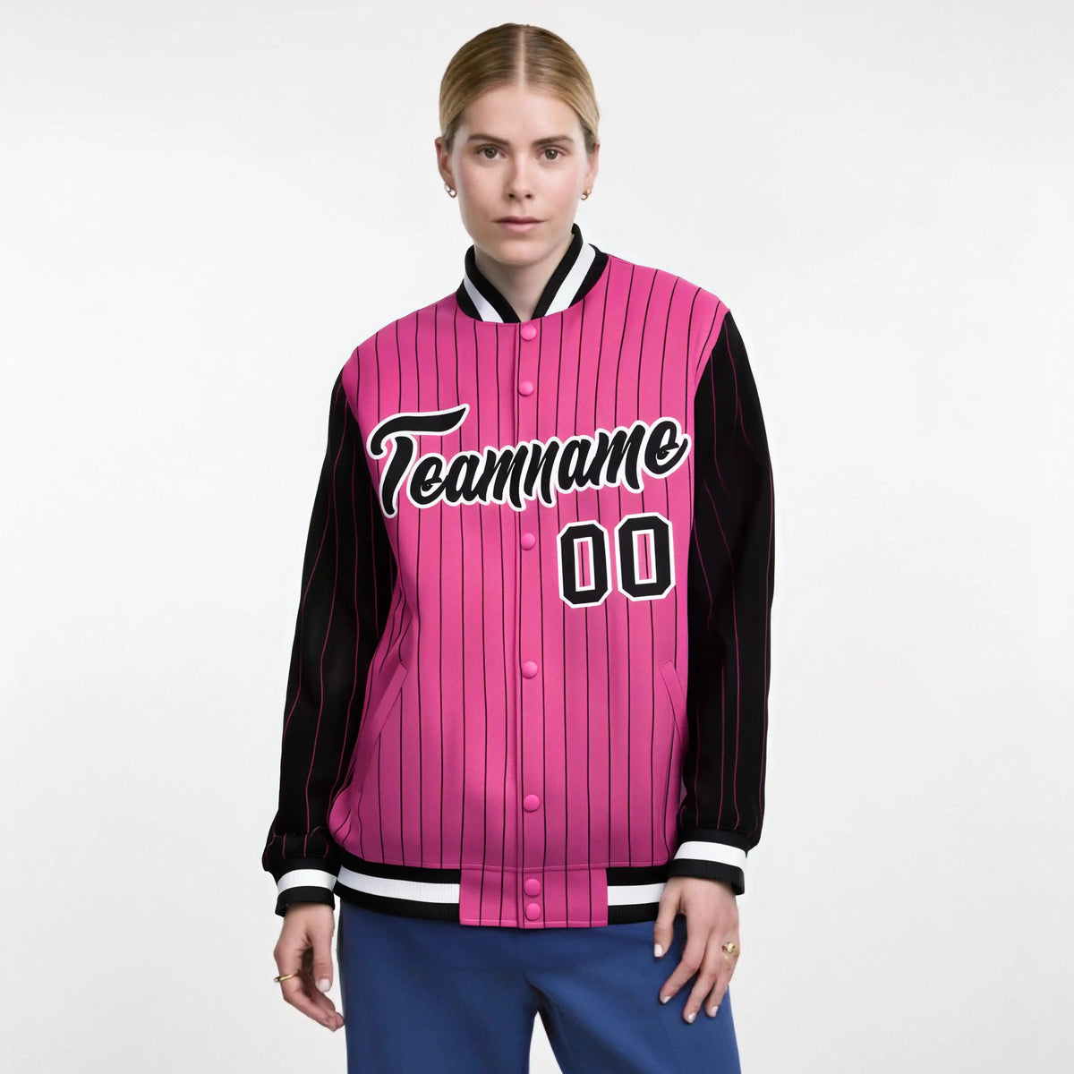Custom Pink Black-Pink Personalized Stripe Fashion Letterman Bomber Varsity Jacket