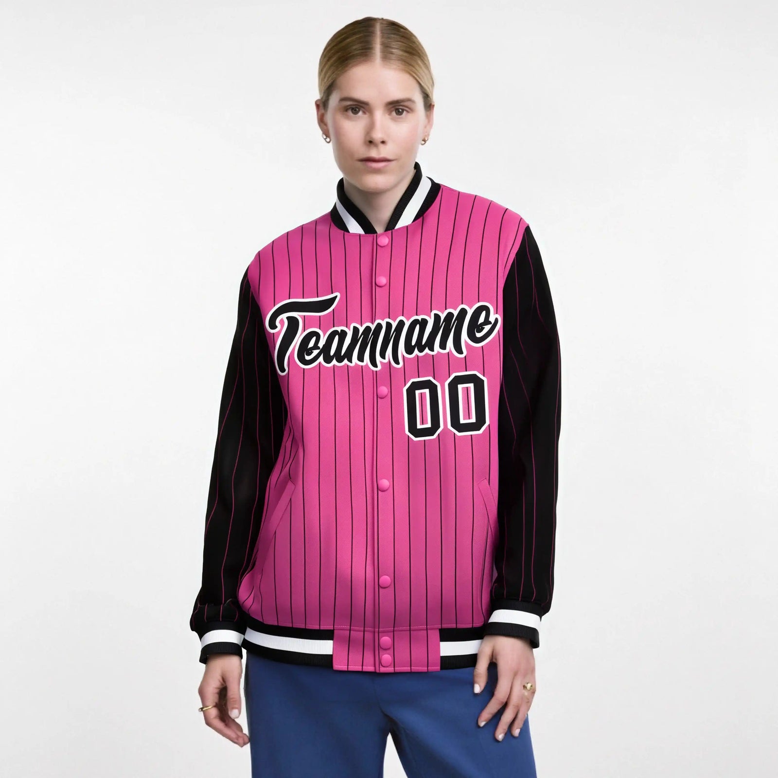Custom Pink Black-Pink Personalized Stripe Fashion Letterman Bomber Varsity Jacket