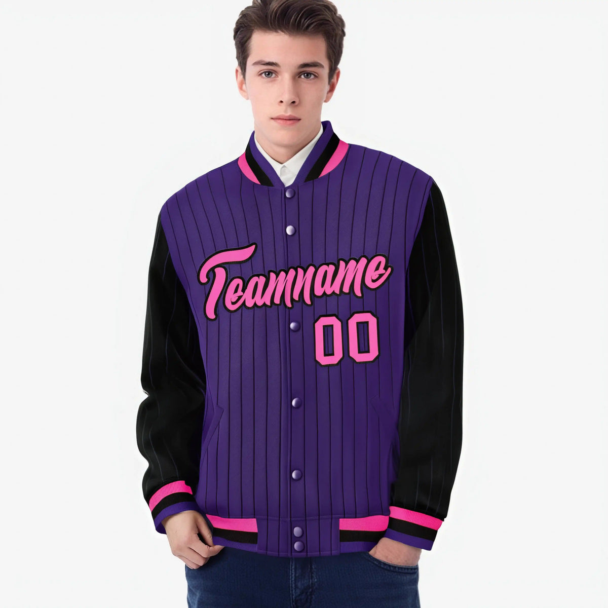 Custom Purple Black-Purple Personalized Stripe Fashion Letterman Bomber Varsity Jacket