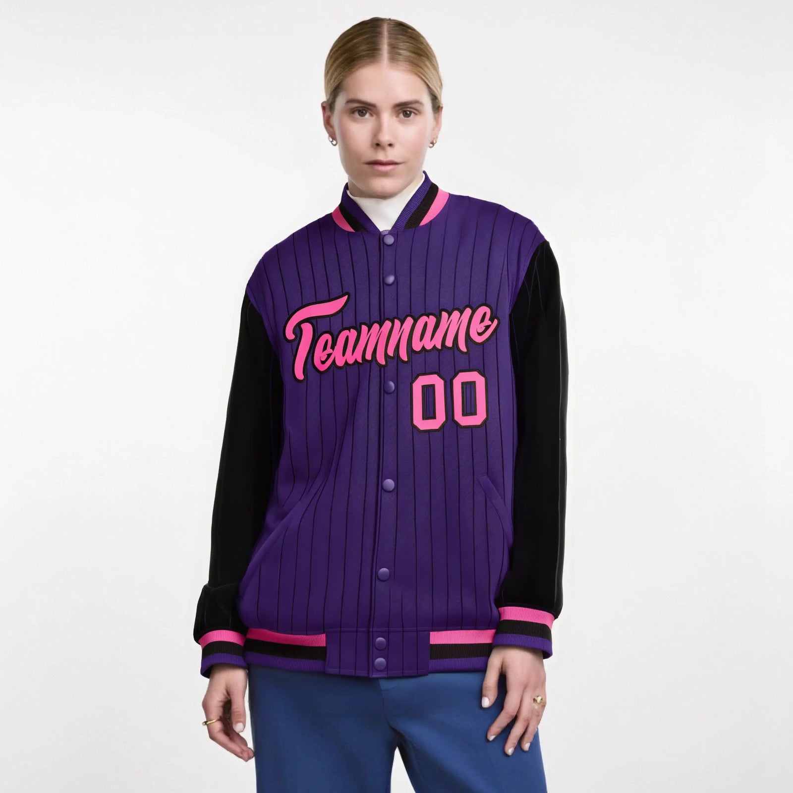 Custom Purple Black-Purple Personalized Stripe Fashion Letterman Bomber Varsity Jacket