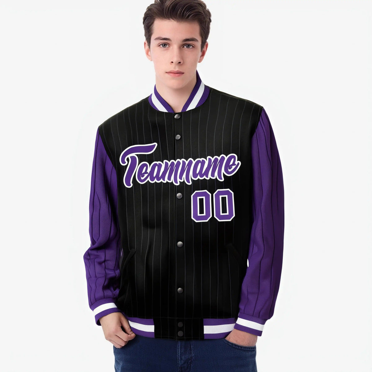 Custom Black Purple-Black Personalized Stripe Fashion Letterman Bomber Varsity Jacket