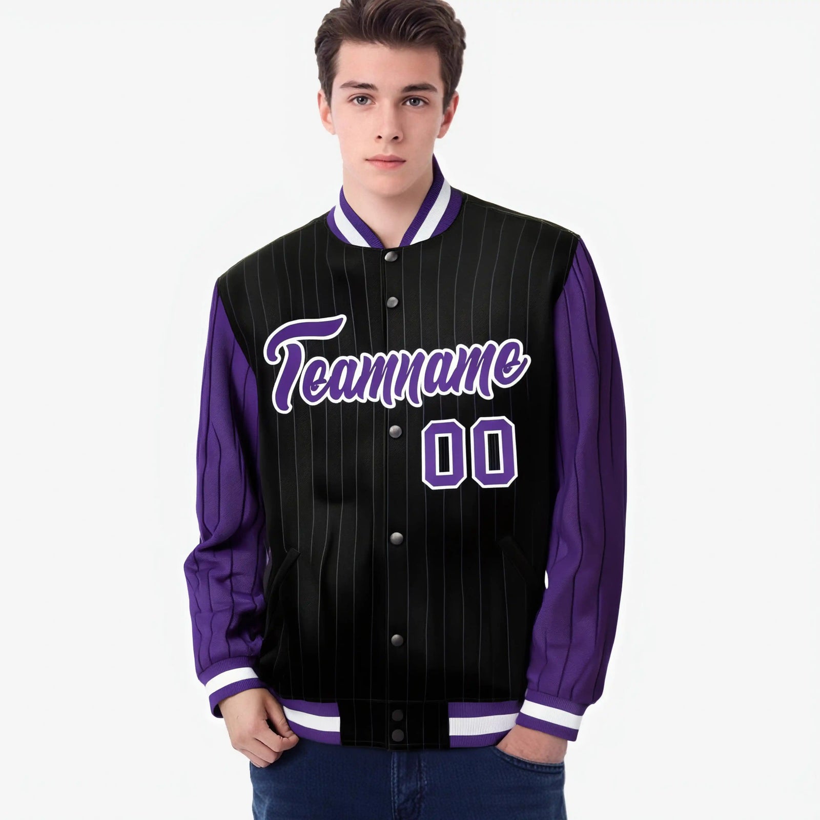 Custom Black Purple-Black Personalized Stripe Fashion Letterman Bomber Varsity Jacket