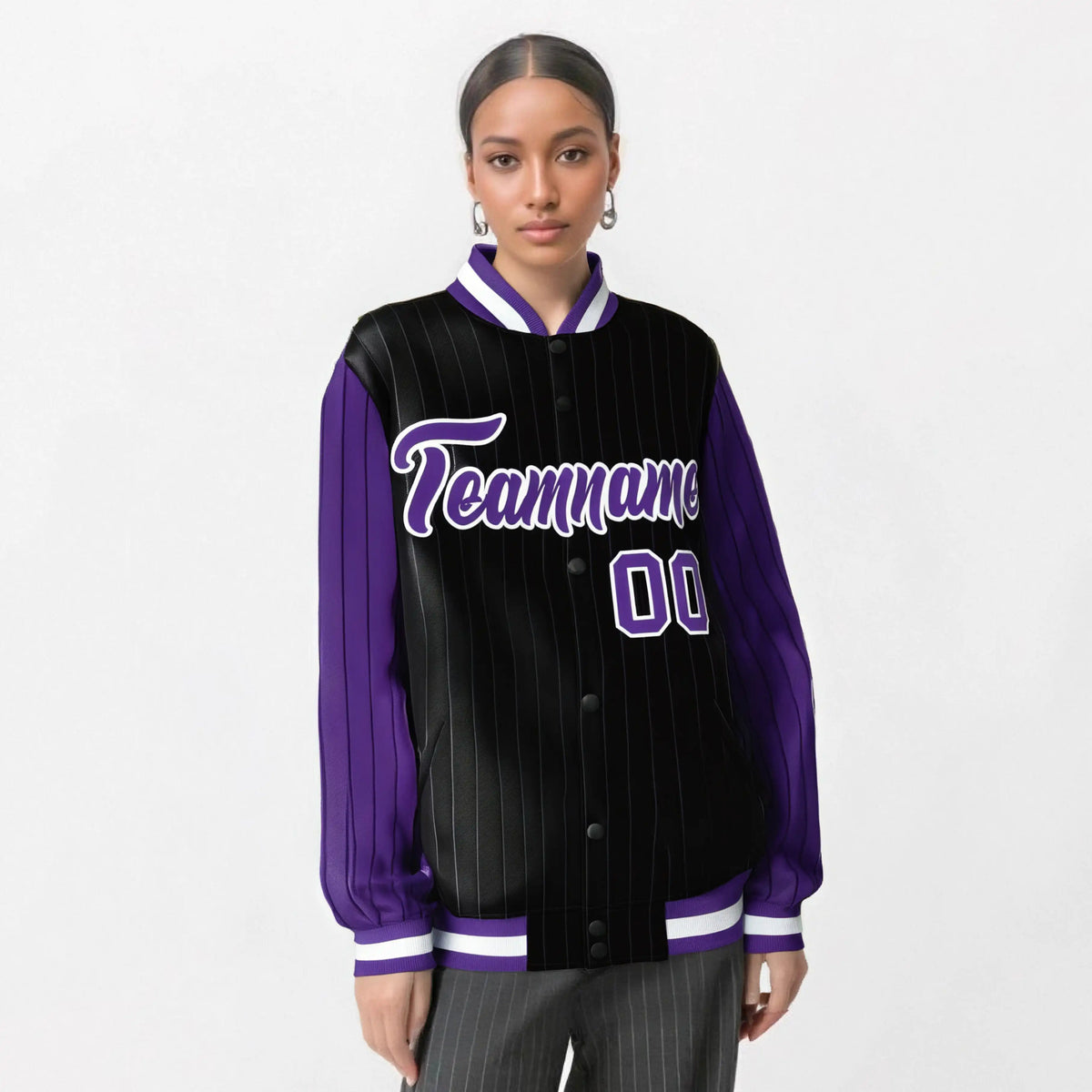 Custom Black Purple-Black Personalized Stripe Fashion Letterman Bomber Varsity Jacket