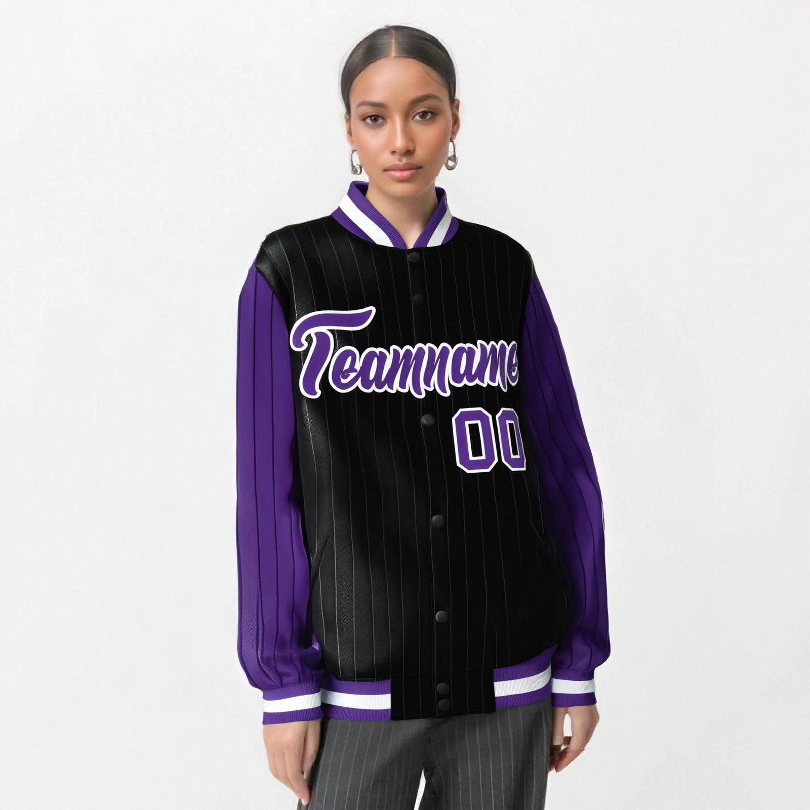Custom Black Purple-Black Personalized Stripe Fashion Letterman Bomber Varsity Jacket