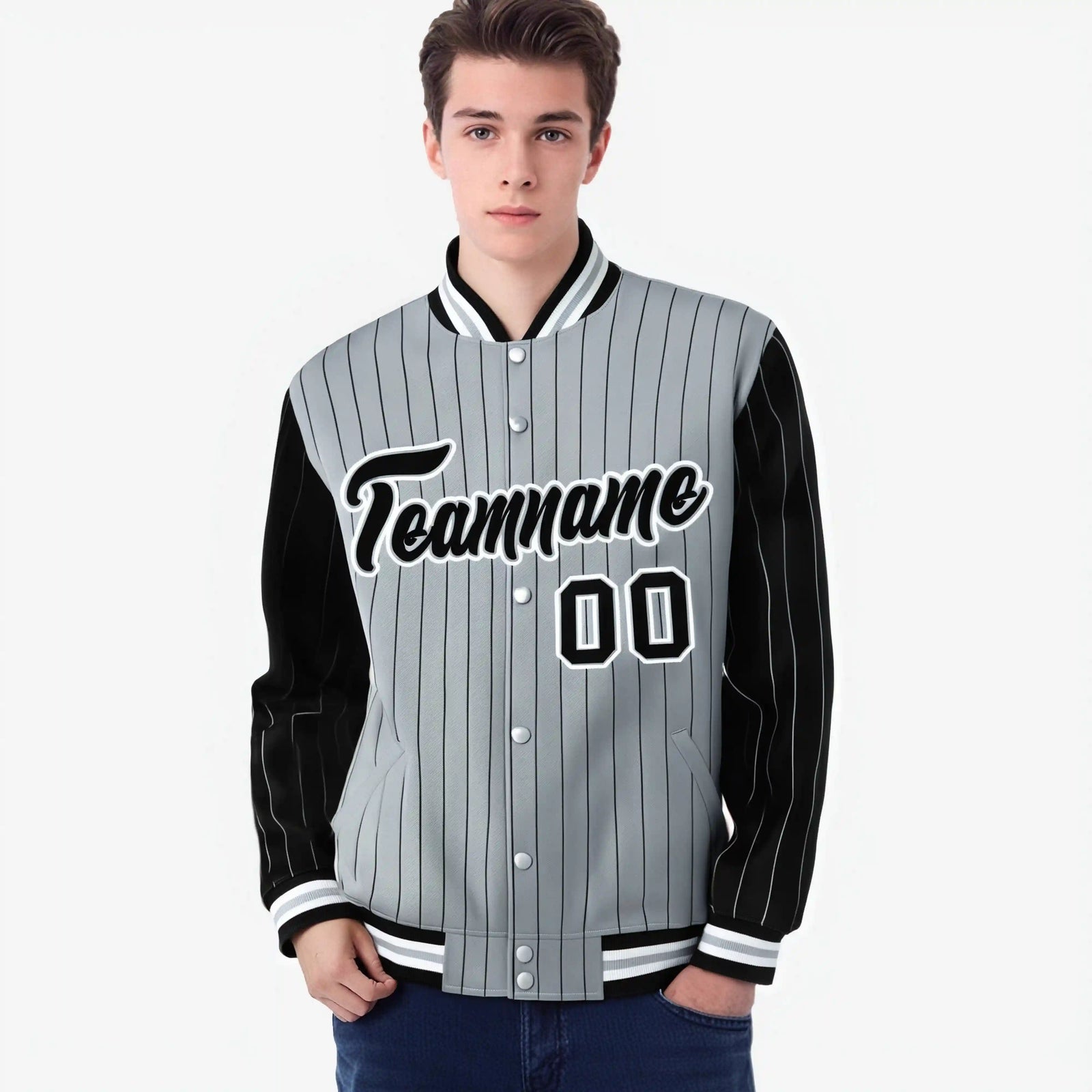 Custom Gray Black-Gray Personalized Stripe Fashion Letterman Bomber Varsity Jacket