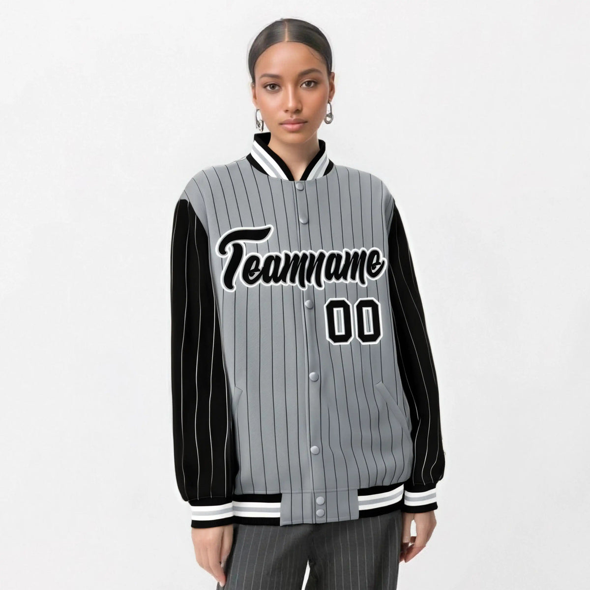 Custom Gray Black-Gray Personalized Stripe Fashion Letterman Bomber Varsity Jacket
