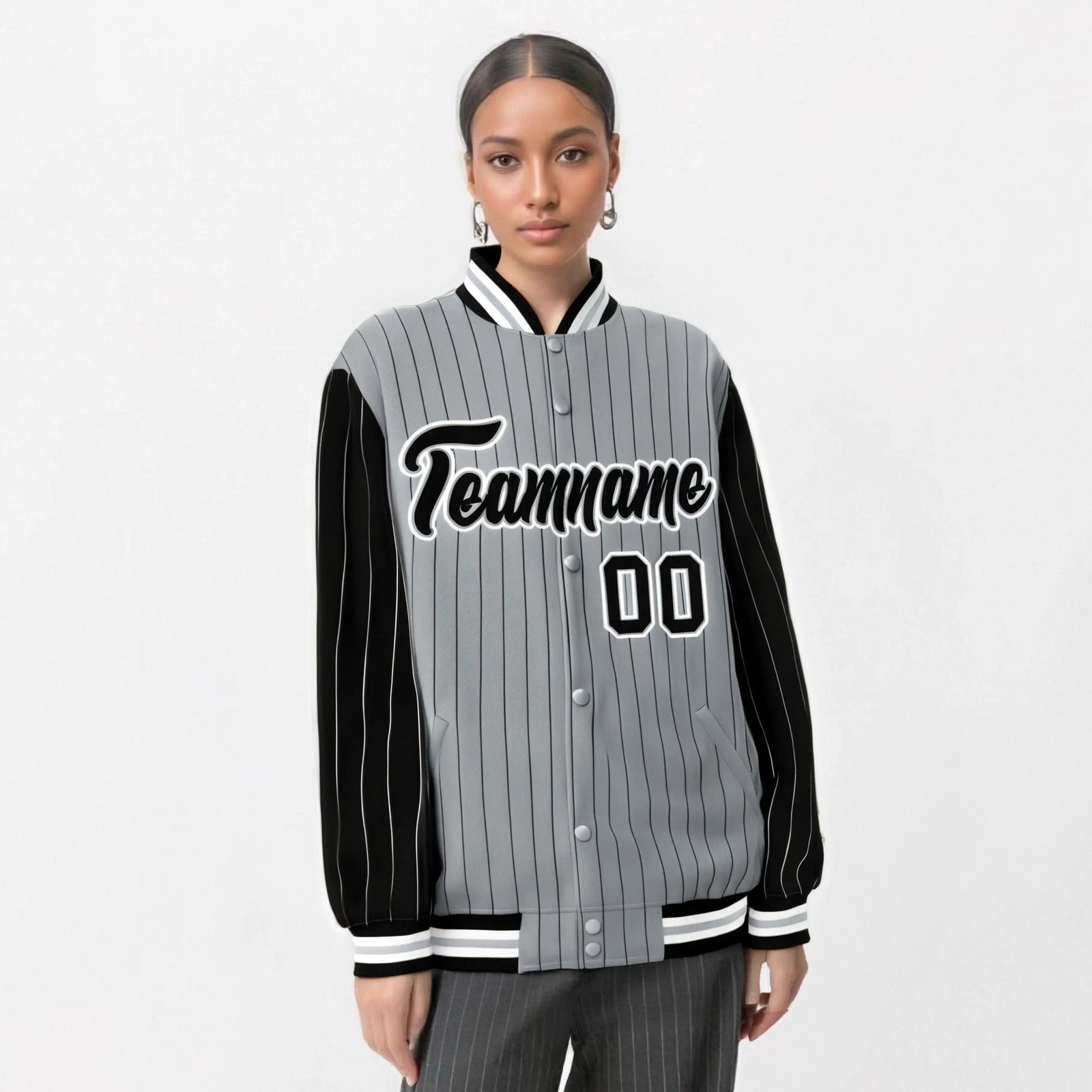 Custom Gray Black-Gray Personalized Stripe Fashion Letterman Bomber Varsity Jacket