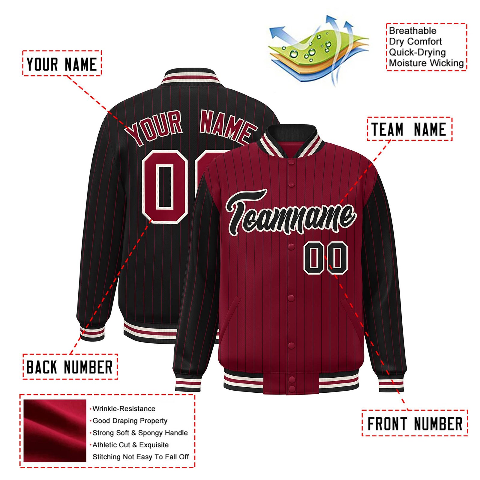 Custom Crimson Black-Crimson Personalized Stripe Fashion Letterman Bomber Varsity Jacket