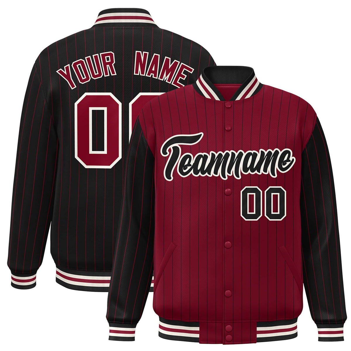 Custom Crimson Black-Crimson Personalized Stripe Fashion Letterman Bomber Varsity Jacket