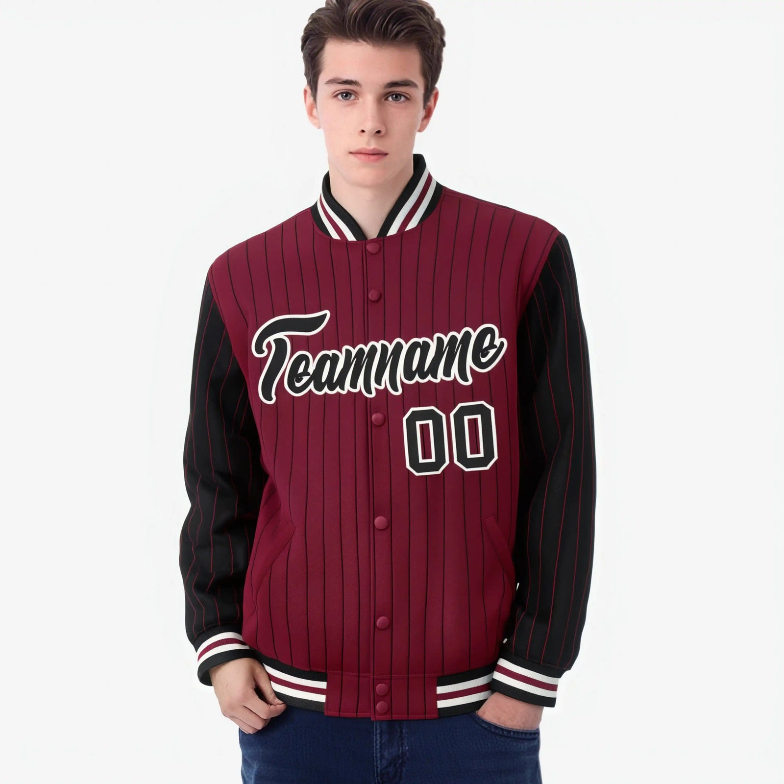 Custom Crimson Black-Crimson Personalized Stripe Fashion Letterman Bomber Varsity Jacket
