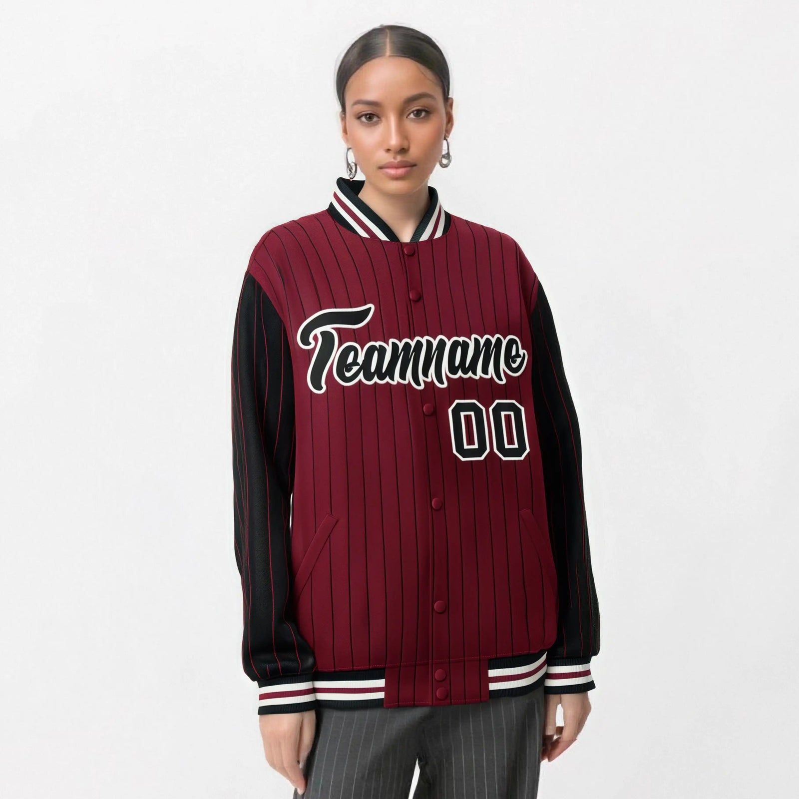Custom Crimson Black-Crimson Personalized Stripe Fashion Letterman Bomber Varsity Jacket
