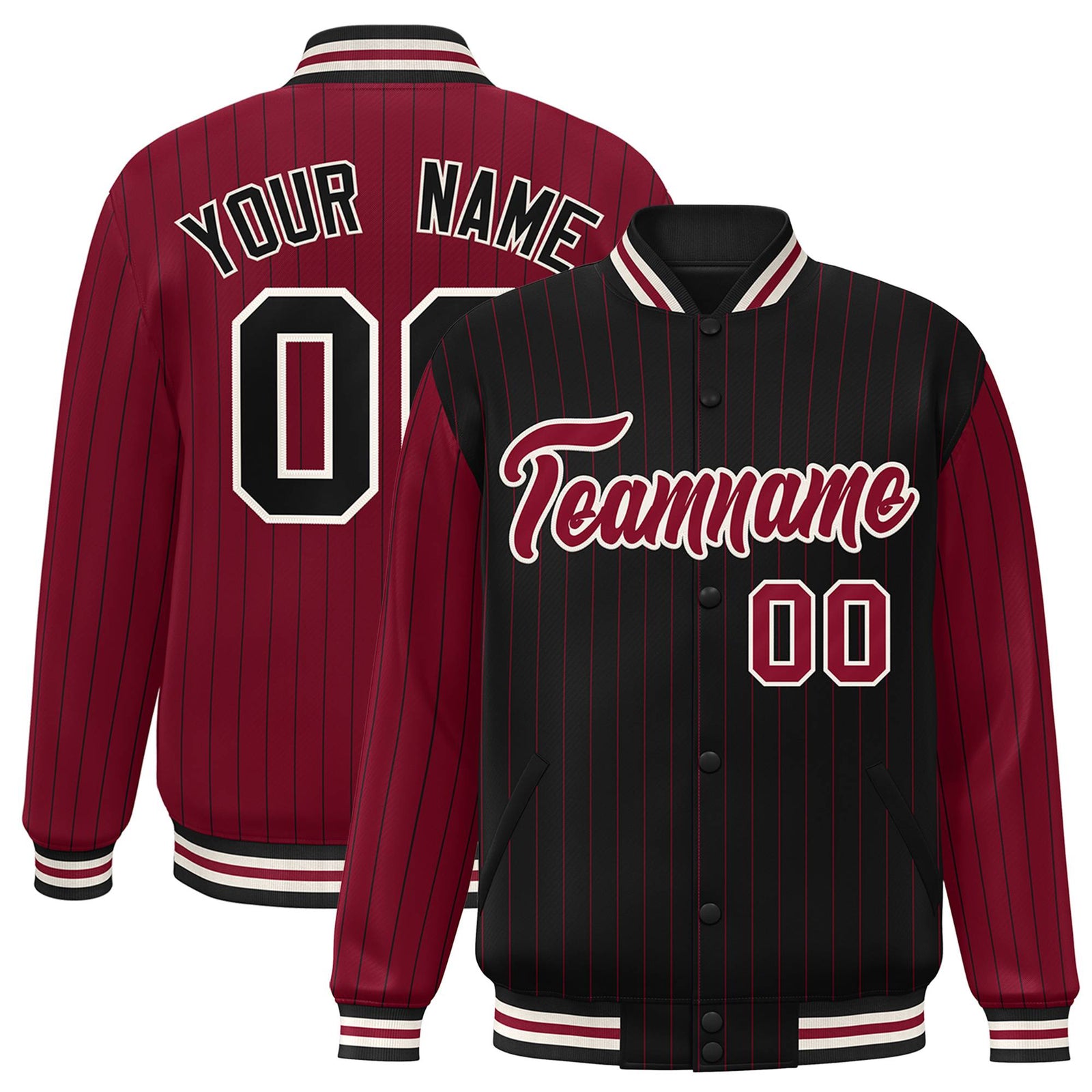 Custom Black Crimson-Black Personalized Stripe Fashion Letterman Bomber Varsity Jacket
