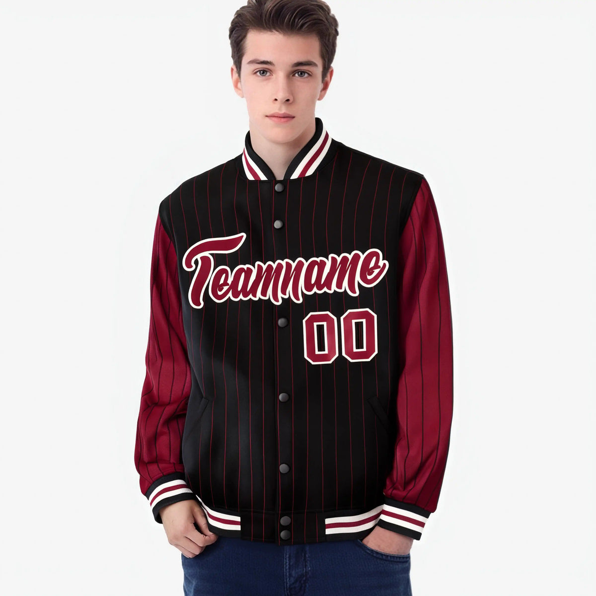 Custom Black Crimson-Black Personalized Stripe Fashion Letterman Bomber Varsity Jacket