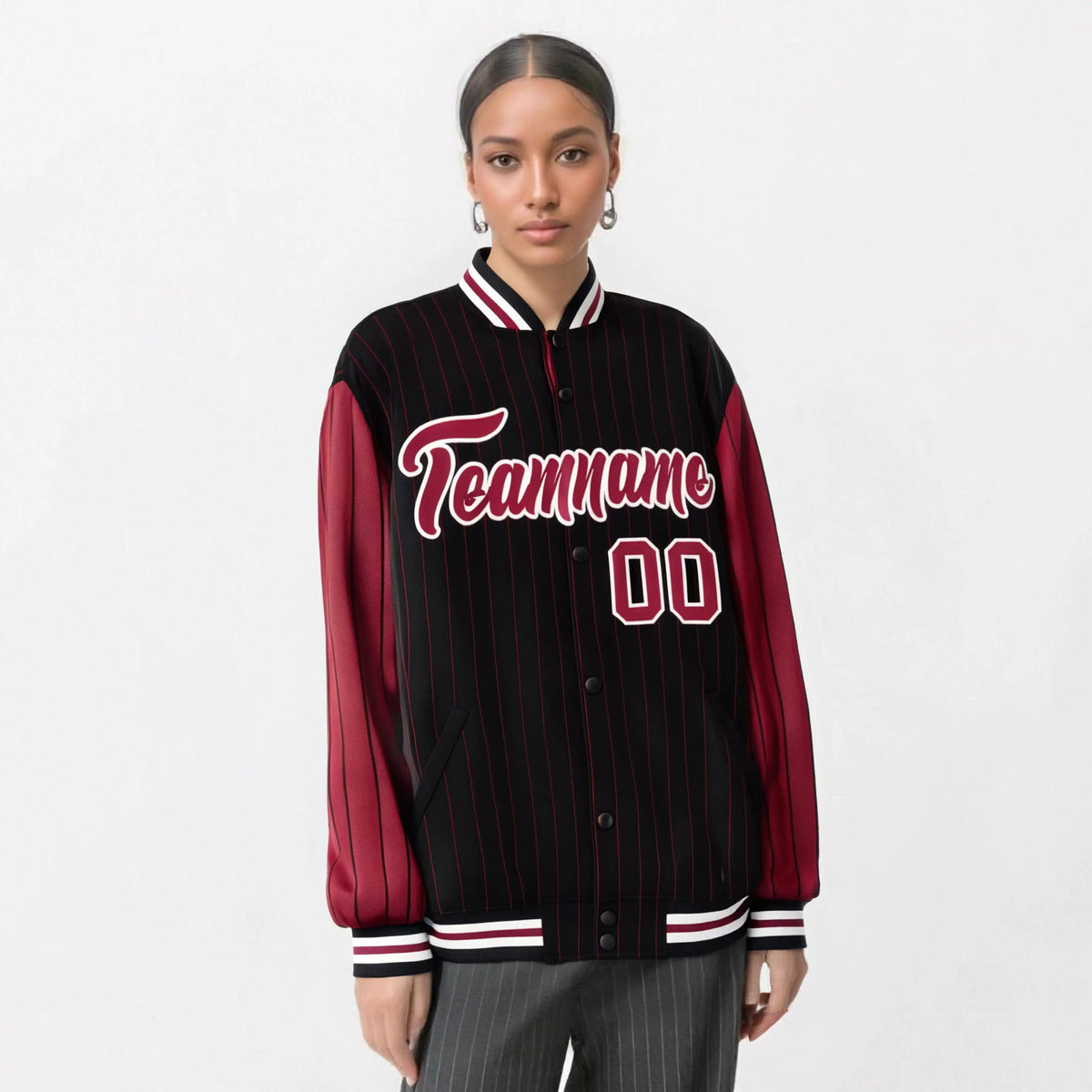 Custom Black Crimson-Black Personalized Stripe Fashion Letterman Bomber Varsity Jacket