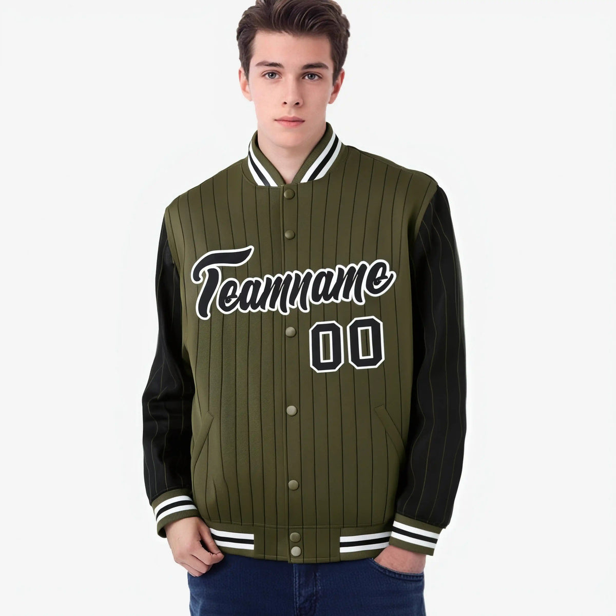 Custom Olive Black-Olive Personalized Stripe Fashion Letterman Bomber Varsity Jacket
