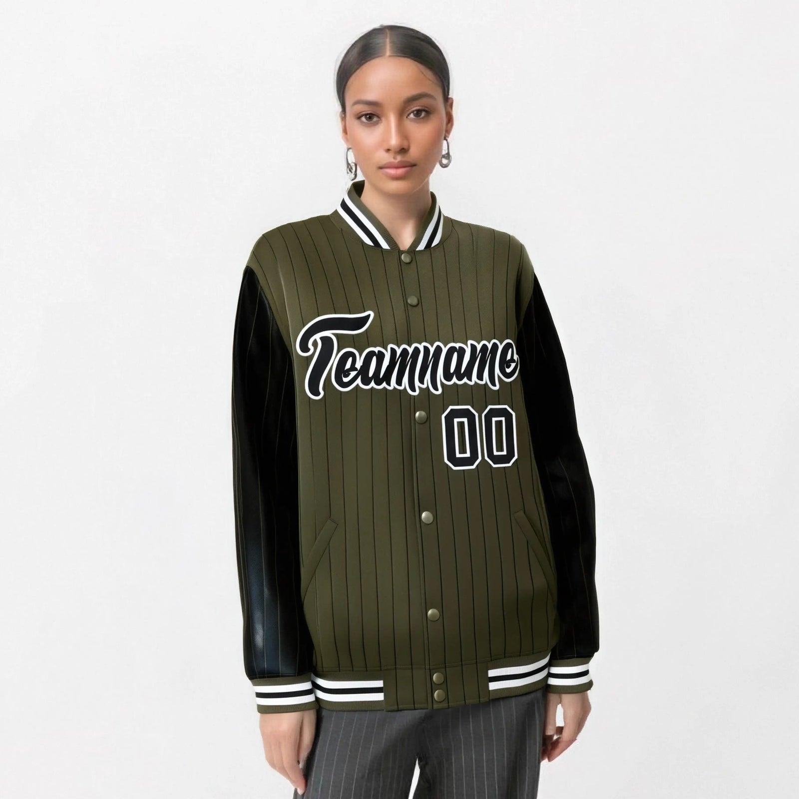 Custom Olive Black-Olive Personalized Stripe Fashion Letterman Bomber Varsity Jacket