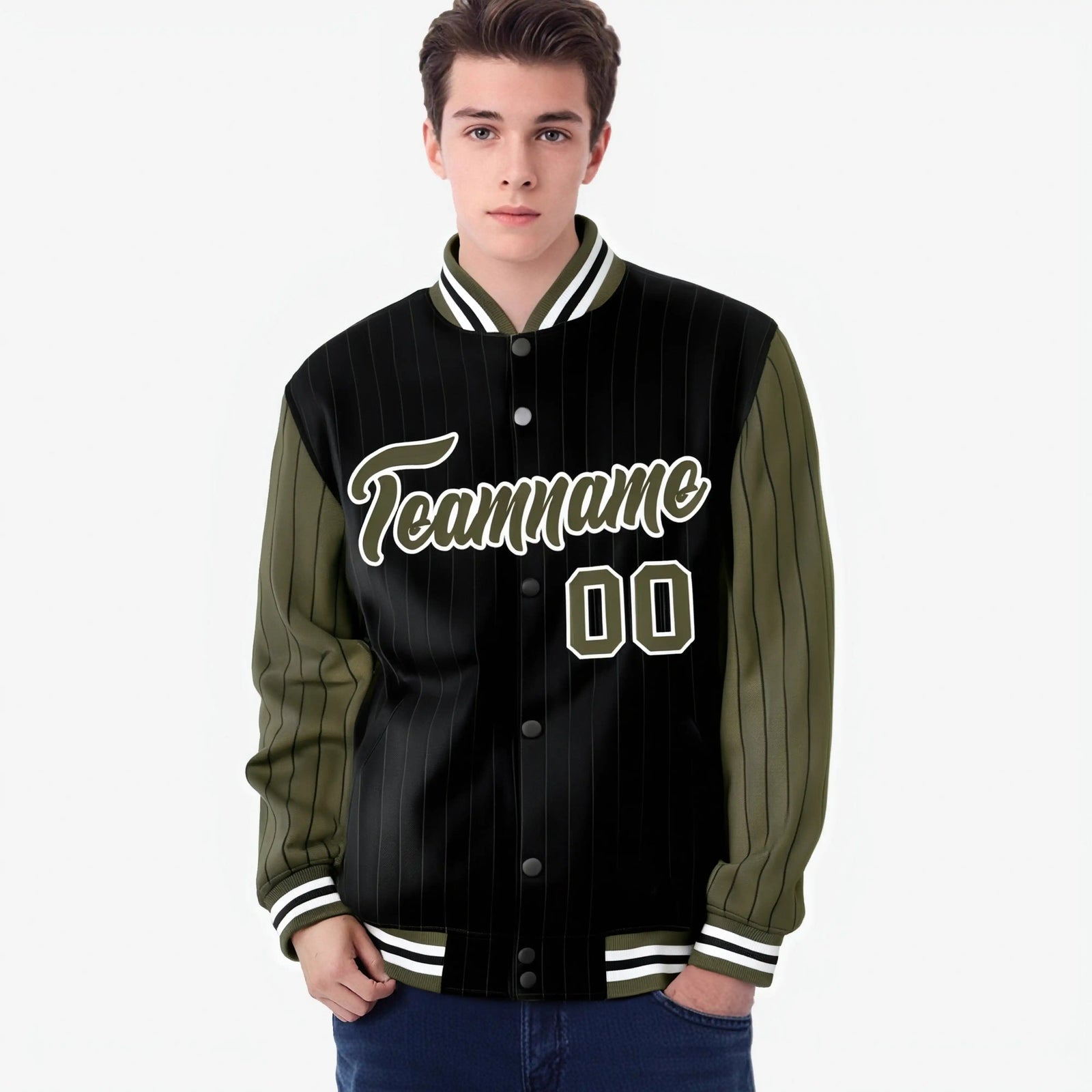 Custom Black Olive-Black Personalized Stripe Fashion Letterman Bomber Varsity Jacket