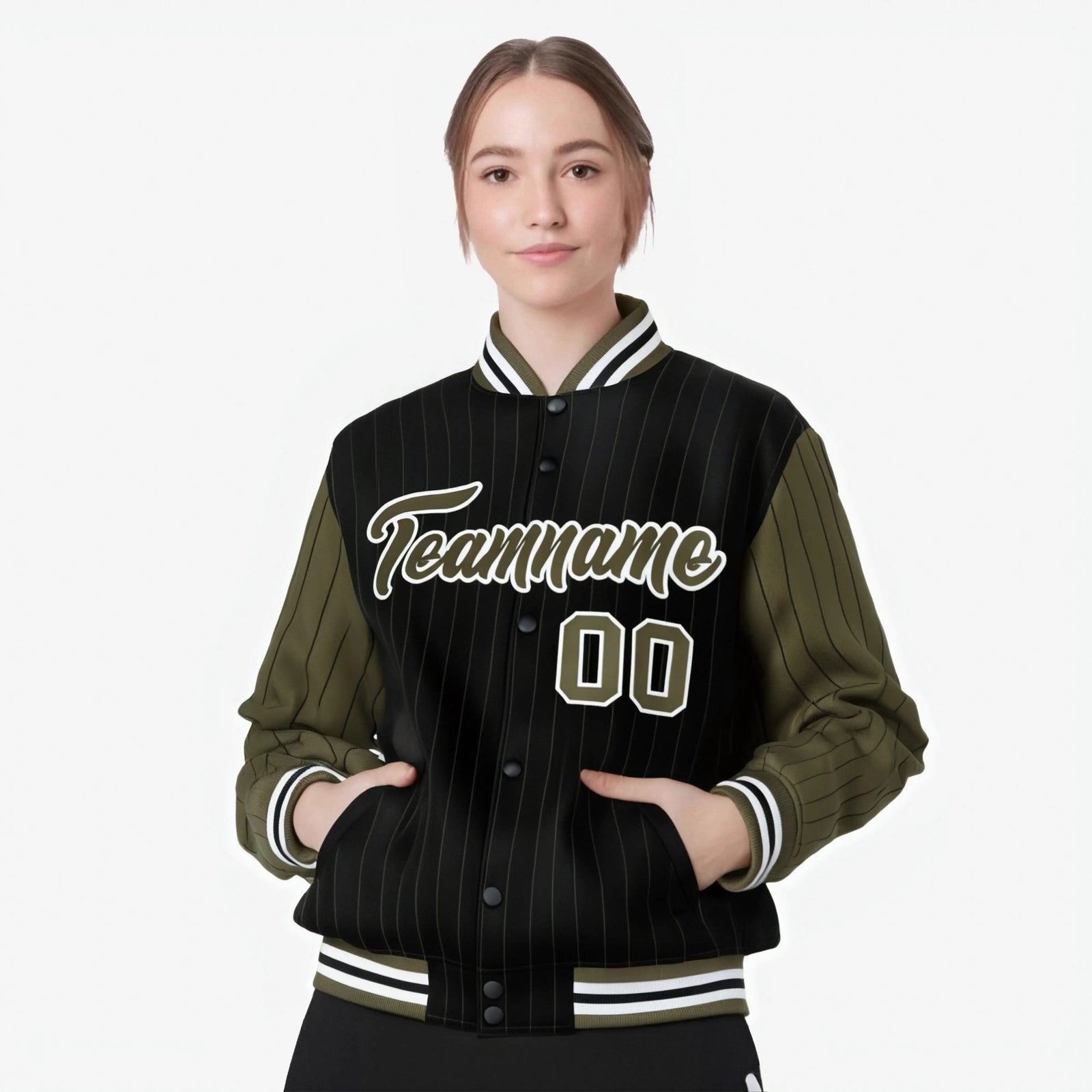 Custom Black Olive-Black Personalized Stripe Fashion Letterman Bomber Varsity Jacket