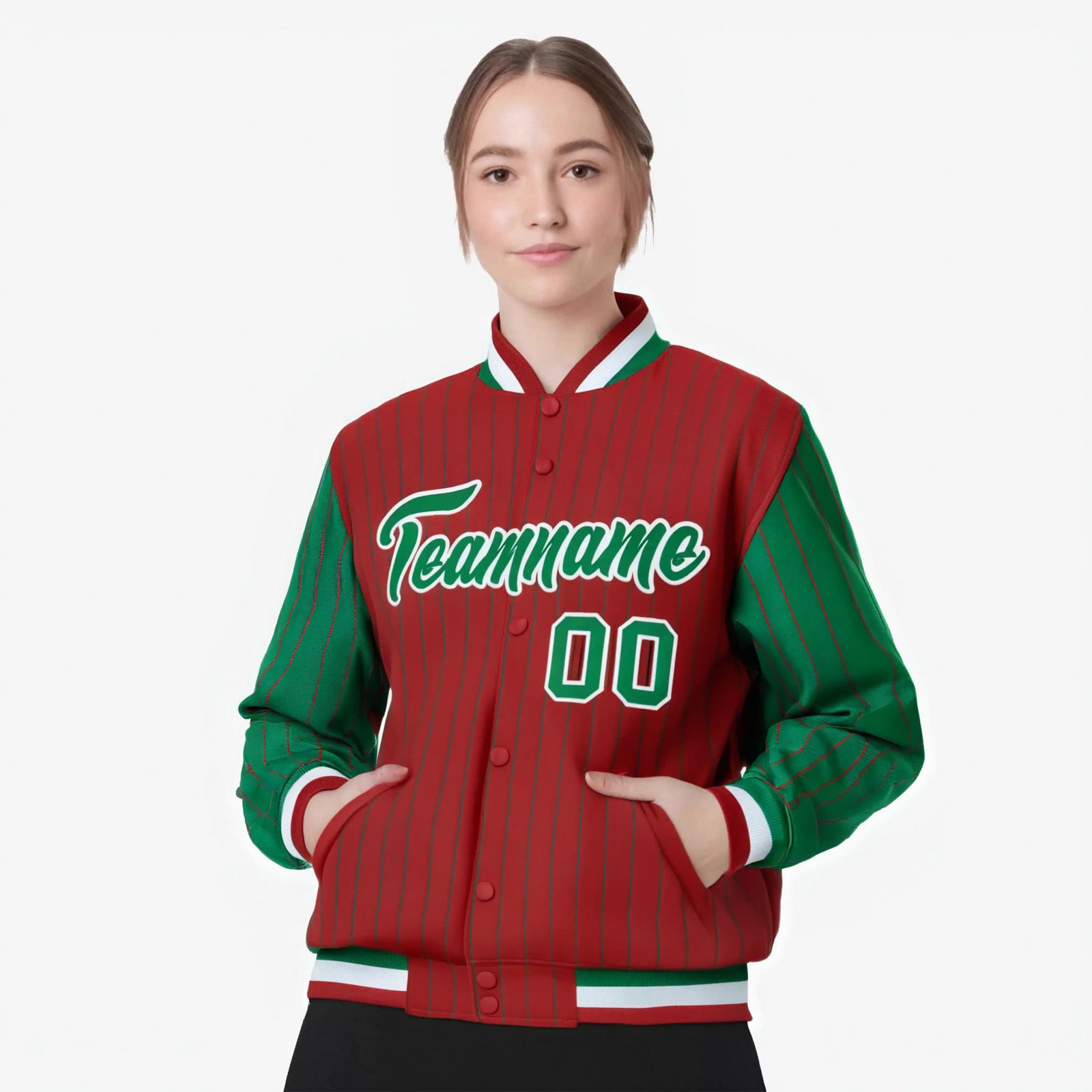 Custom Red Green-Red Personalized Stripe Fashion Letterman Bomber Varsity Jacket