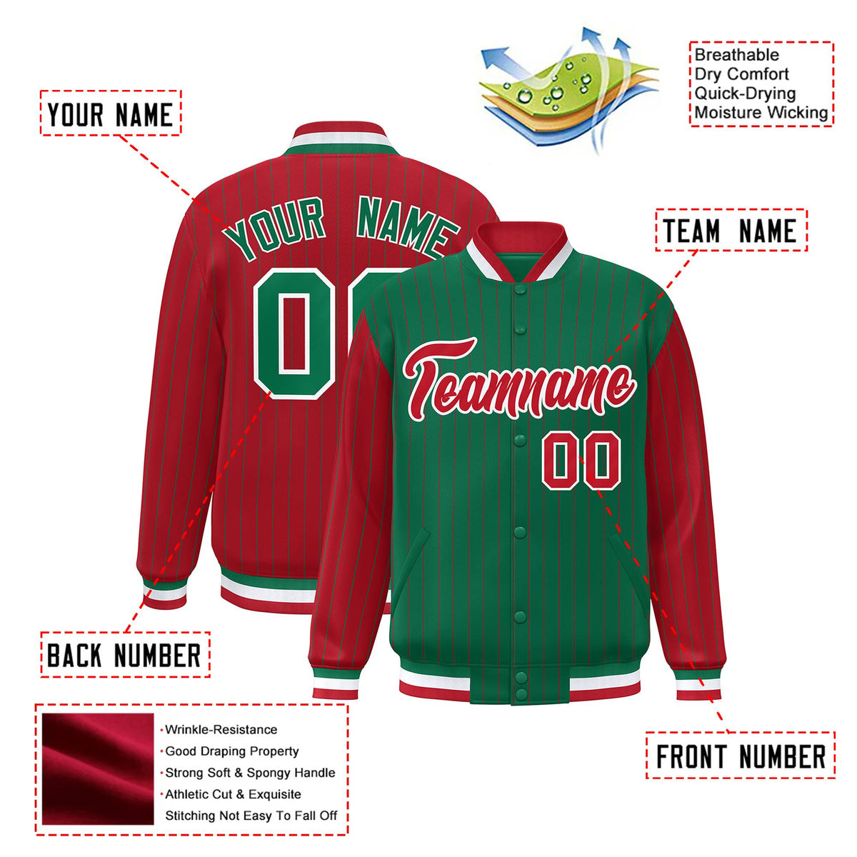 Custom Green Red-Green Personalized Stripe Fashion Letterman Bomber Varsity Jacket