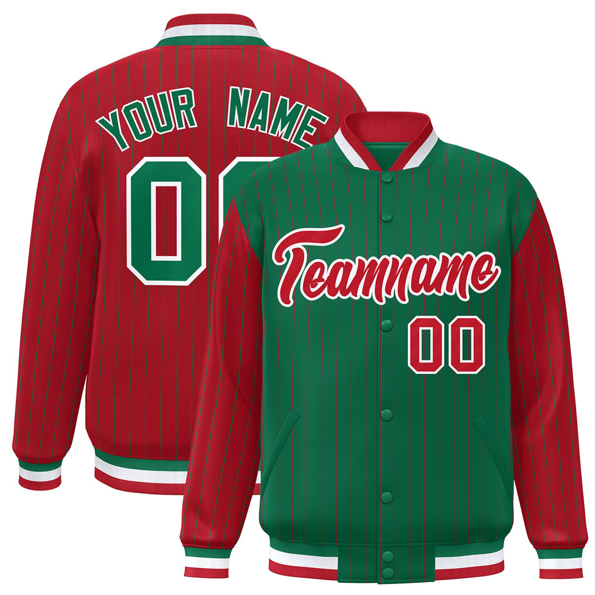 Custom Green Red-Green Personalized Stripe Fashion Letterman Bomber Varsity Jacket